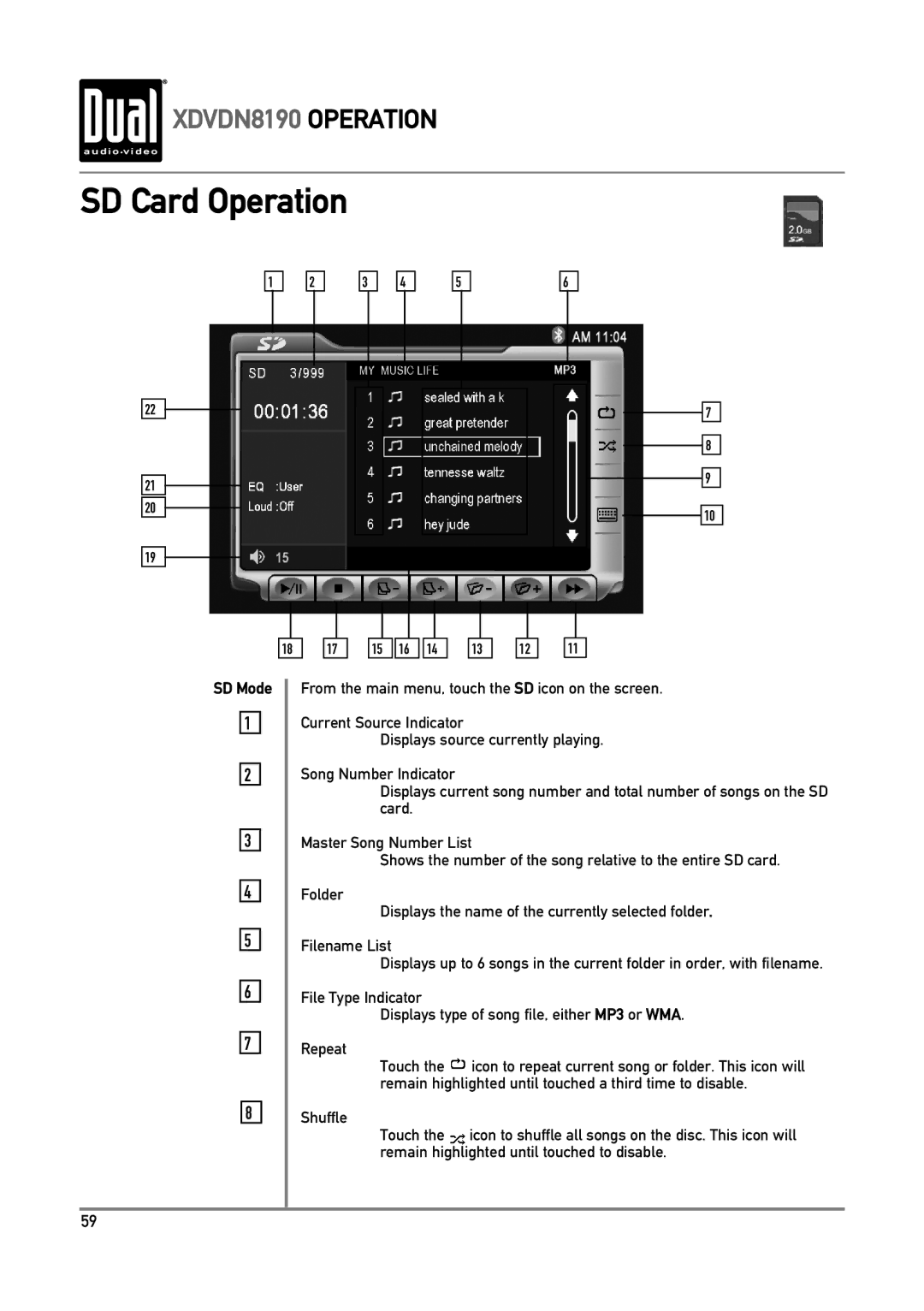 Dual XDVDN8190 owner manual SD Card Operation, Remain highlighted until touched a third time to disable 