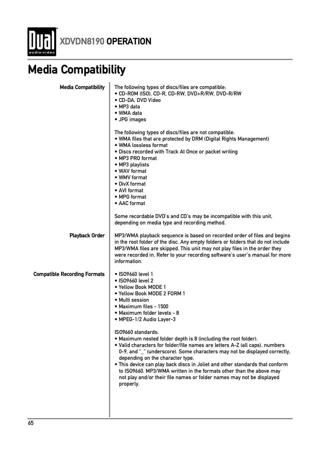 Dual XDVDN8190 owner manual Media Compatibility Playback Order, Following types of discs/files are compatible 