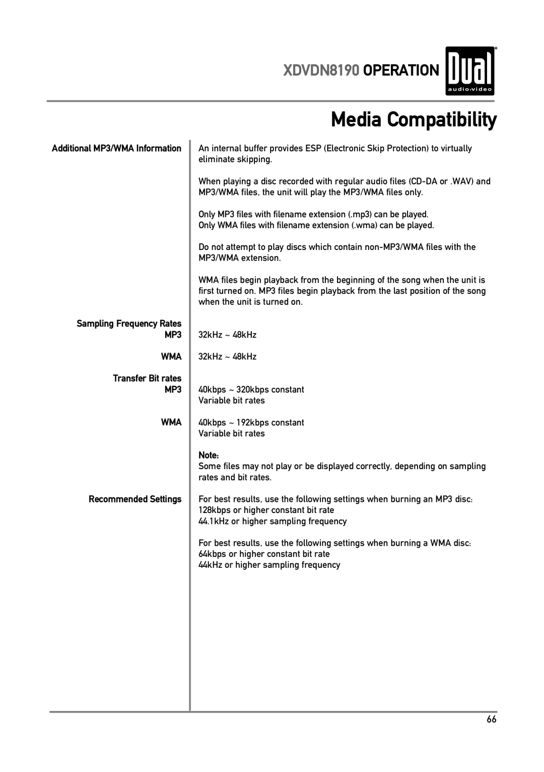 Dual XDVDN8190 owner manual Transfer Bit rates, Recommended Settings 