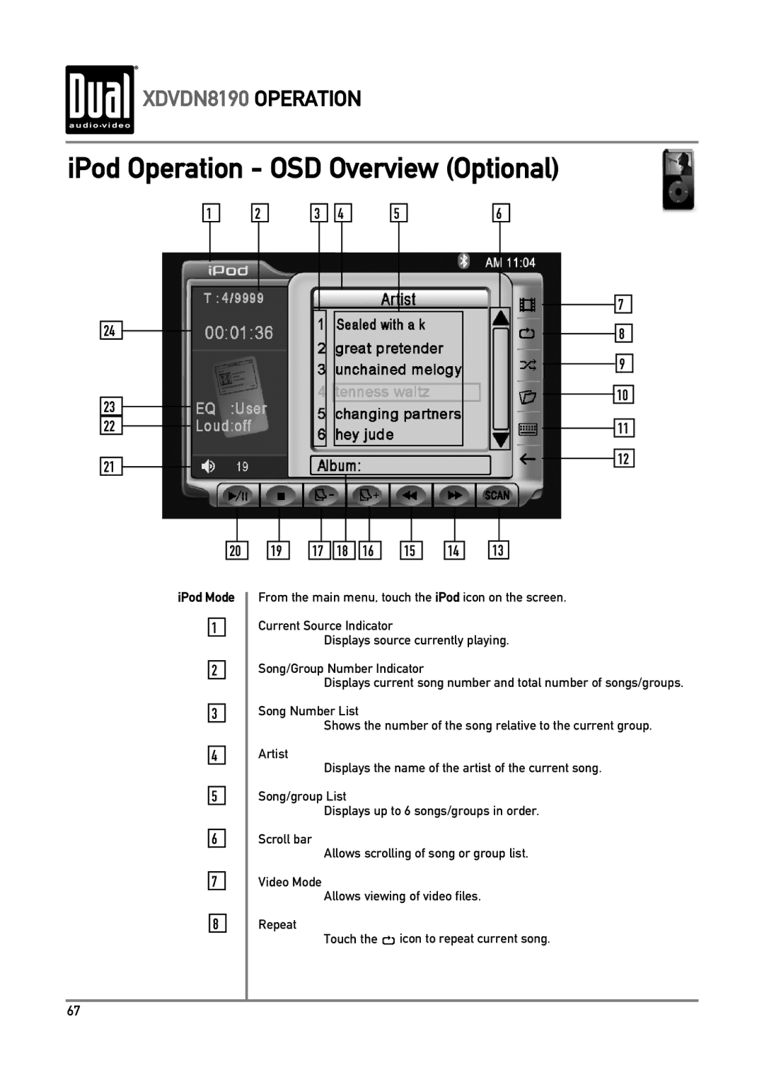 Dual XDVDN8190 owner manual IPod Operation OSD Overview Optional, IPod Mode 