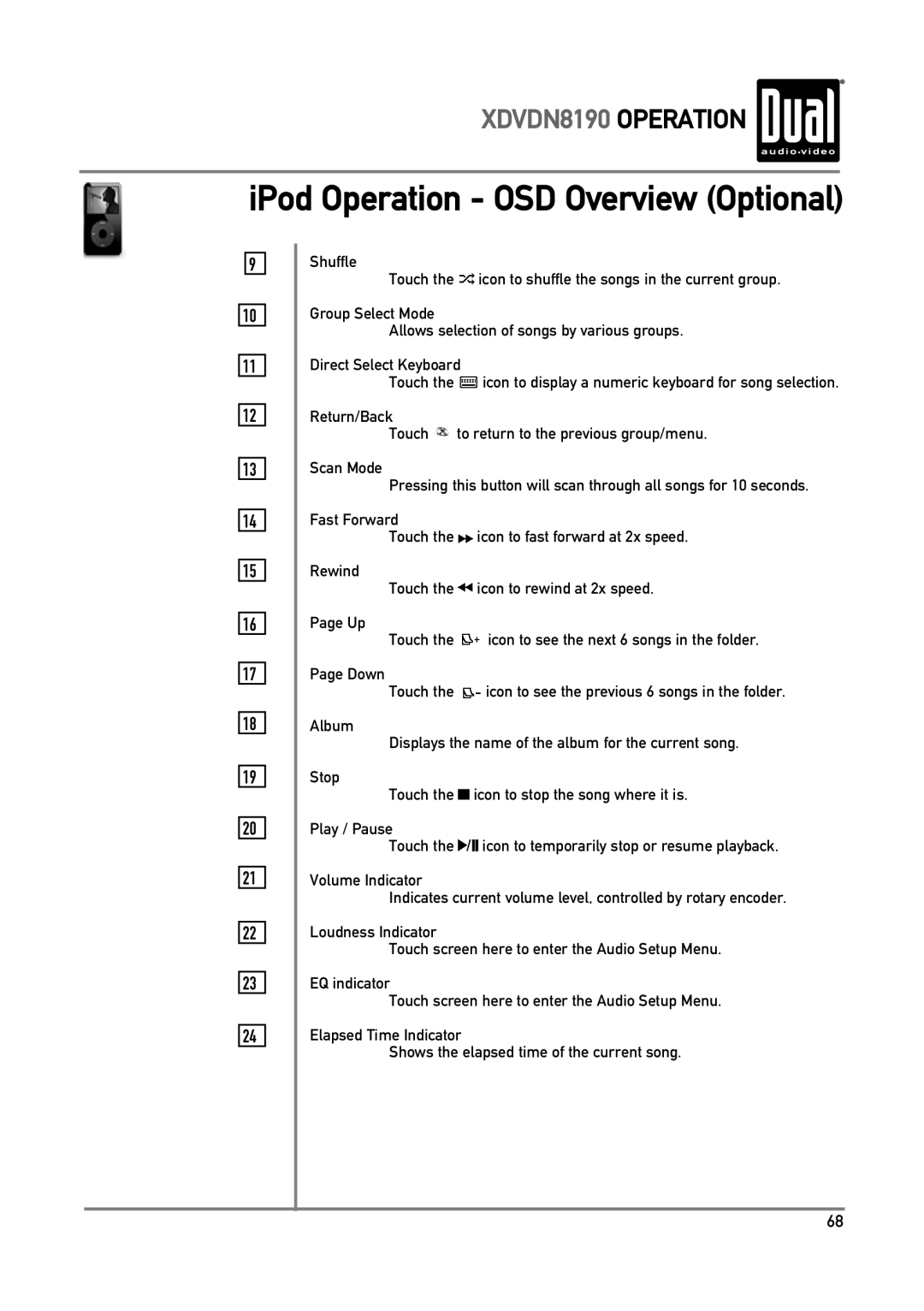 Dual XDVDN8190 owner manual IPod Operation OSD Overview Optional 