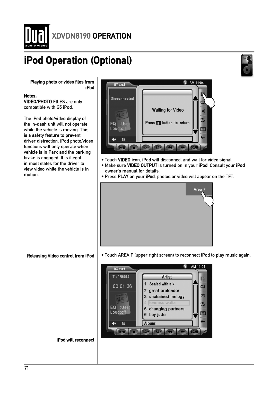 Dual XDVDN8190 owner manual IPod Operation Optional, IPod will reconnect 