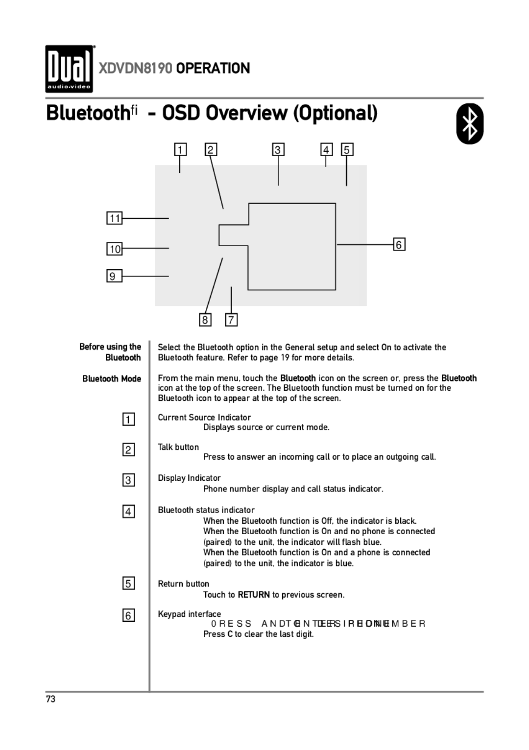 Dual XDVDN8190 owner manual Bluetooth OSD Overview Optional, Bluetooth Mode 