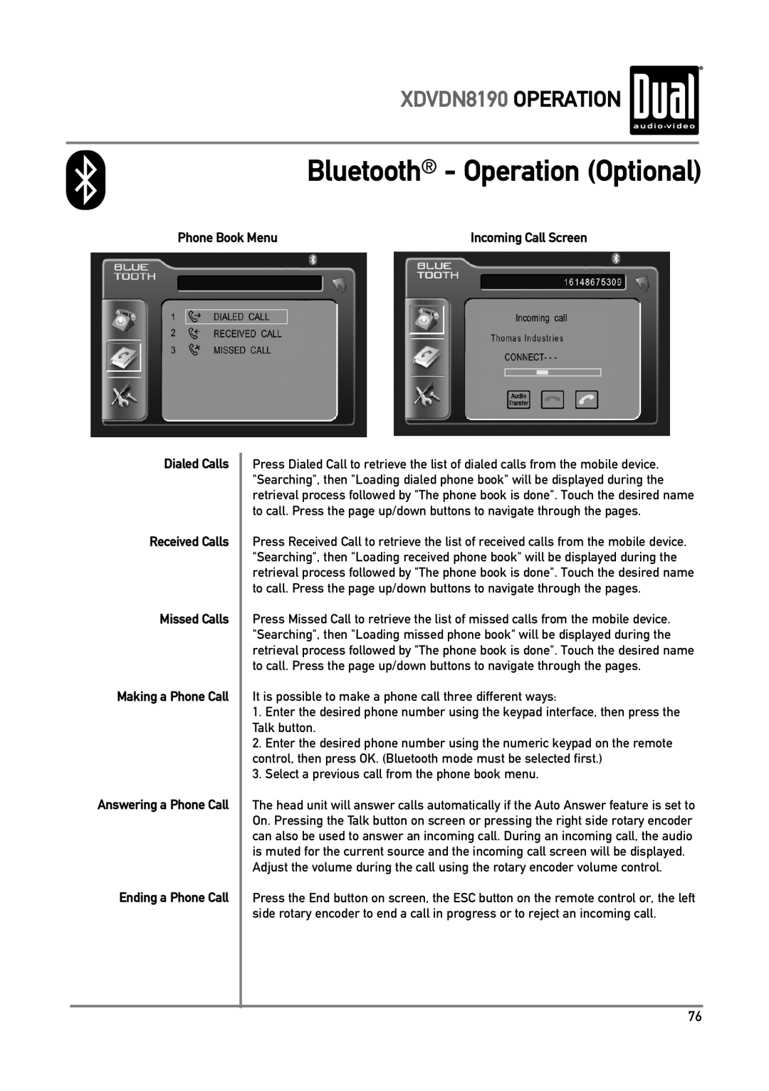 Dual XDVDN8190 owner manual Bluetooth Operation Optional, Phone Book Menu, Ending a Phone Call 