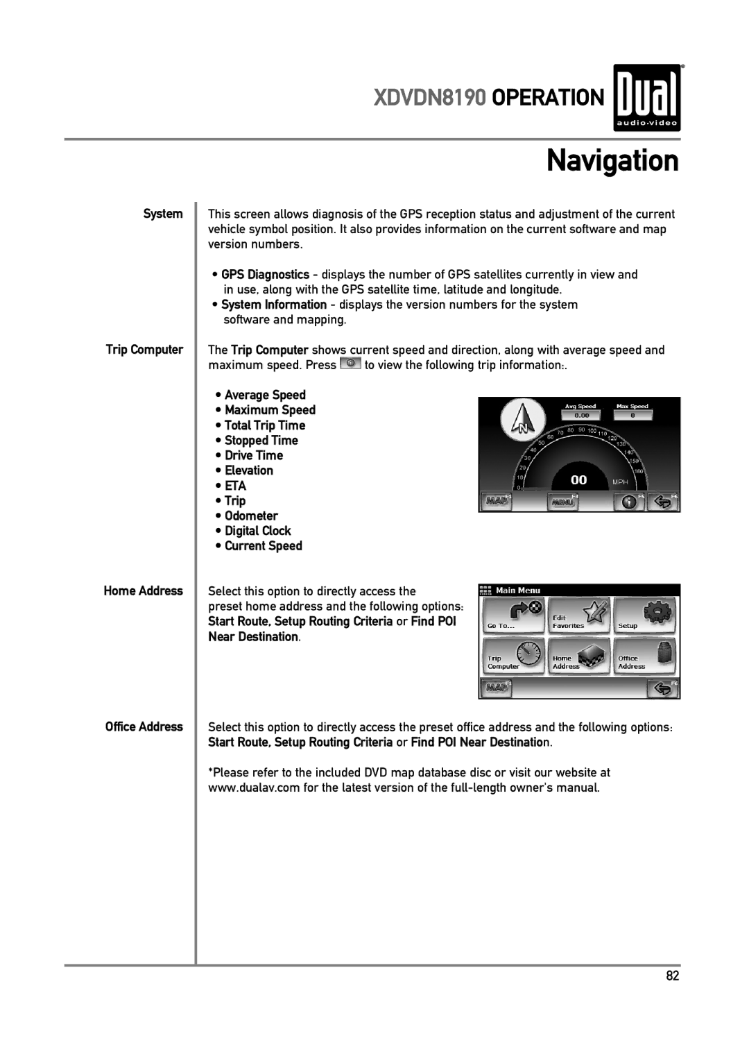 Dual XDVDN8190 owner manual System Trip Computer Home Address Office Address, Trip Odometer Digital Clock Current Speed 