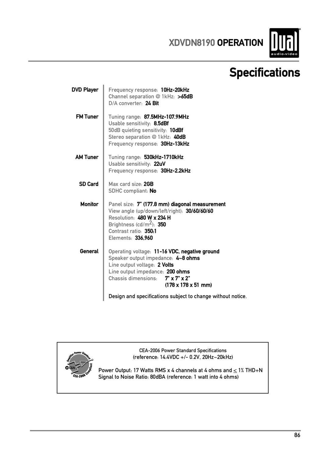 Dual XDVDN8190 owner manual Specifications 