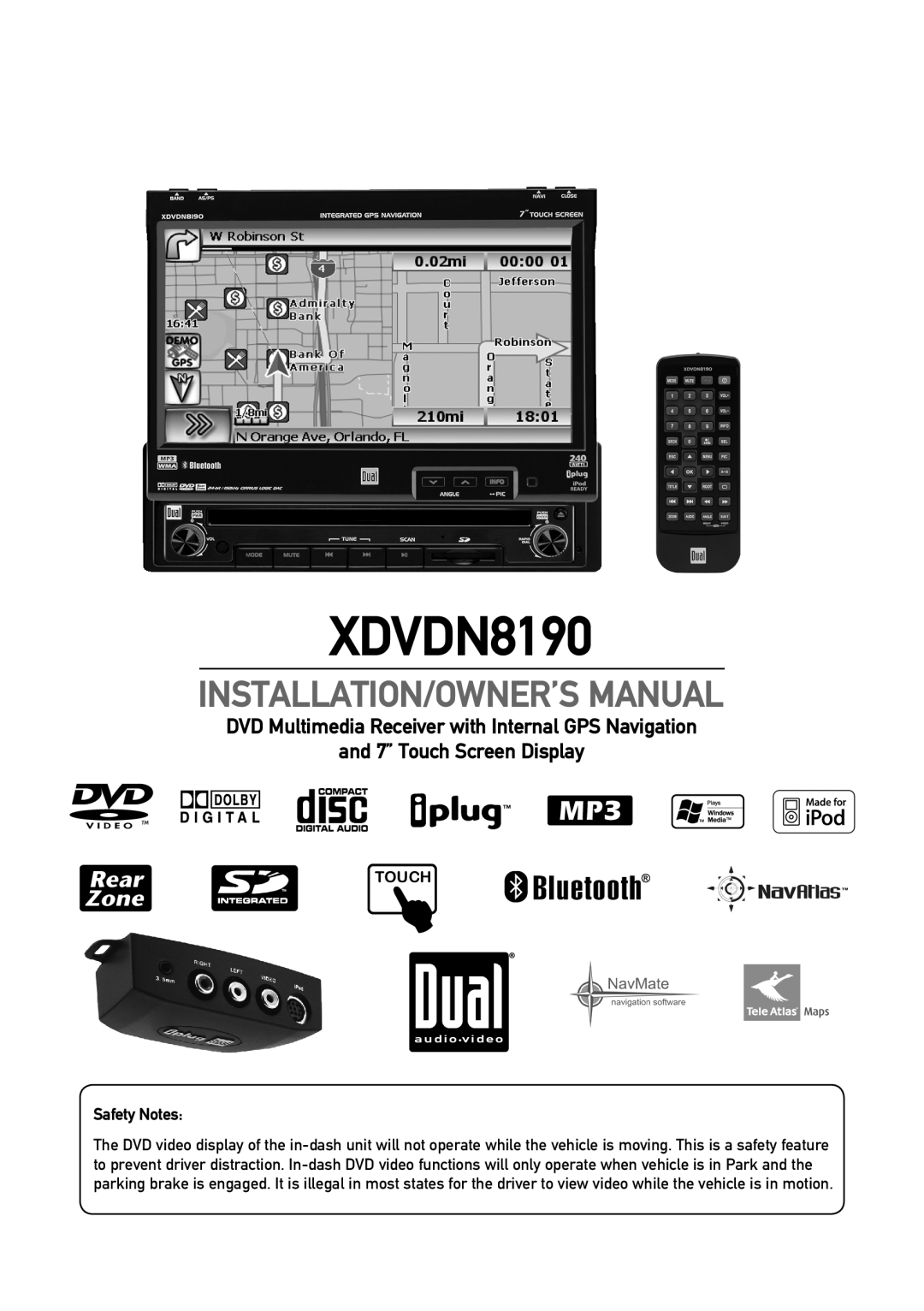 Dual XDVDN8190 owner manual Installation/Owner’S Manual, Safety Notes, Touch 