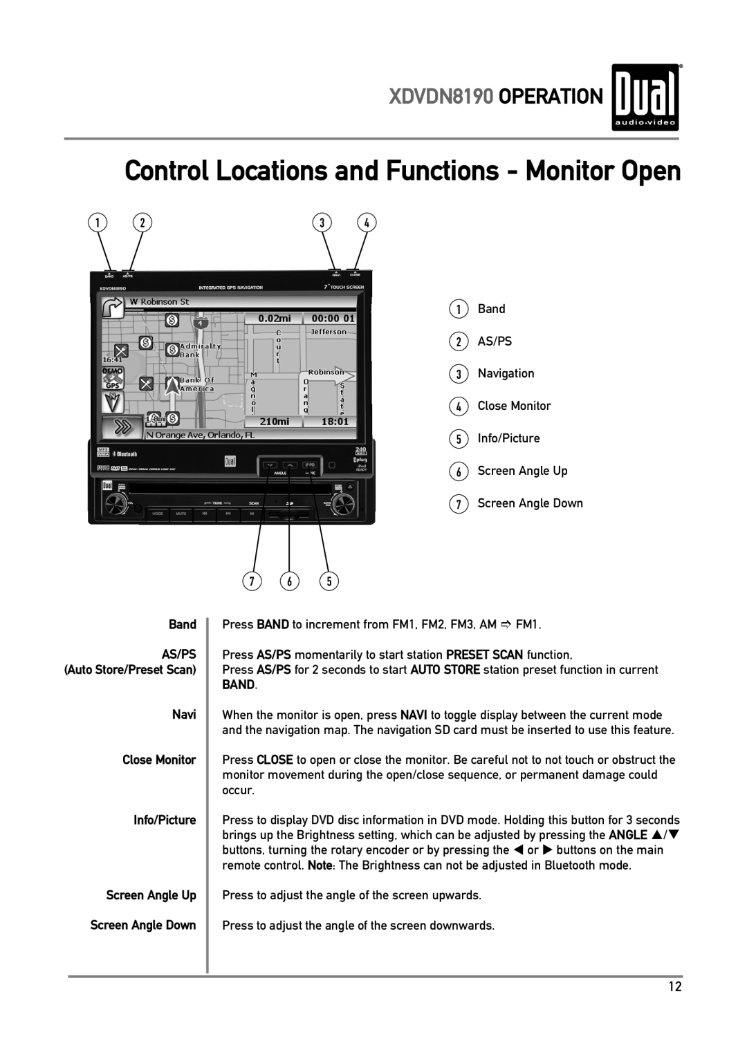 Dual owner manual Control Locations and Functions - Monitor Open, XDVDN8190 OPERATION, Band, Screen Angle Down 