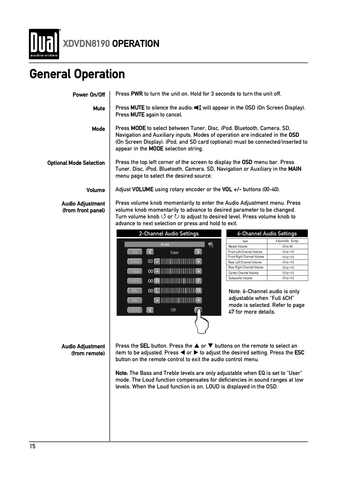 Dual owner manual General Operation, XDVDN8190 OPERATION, Power On/Off Mute Mode, Volume 