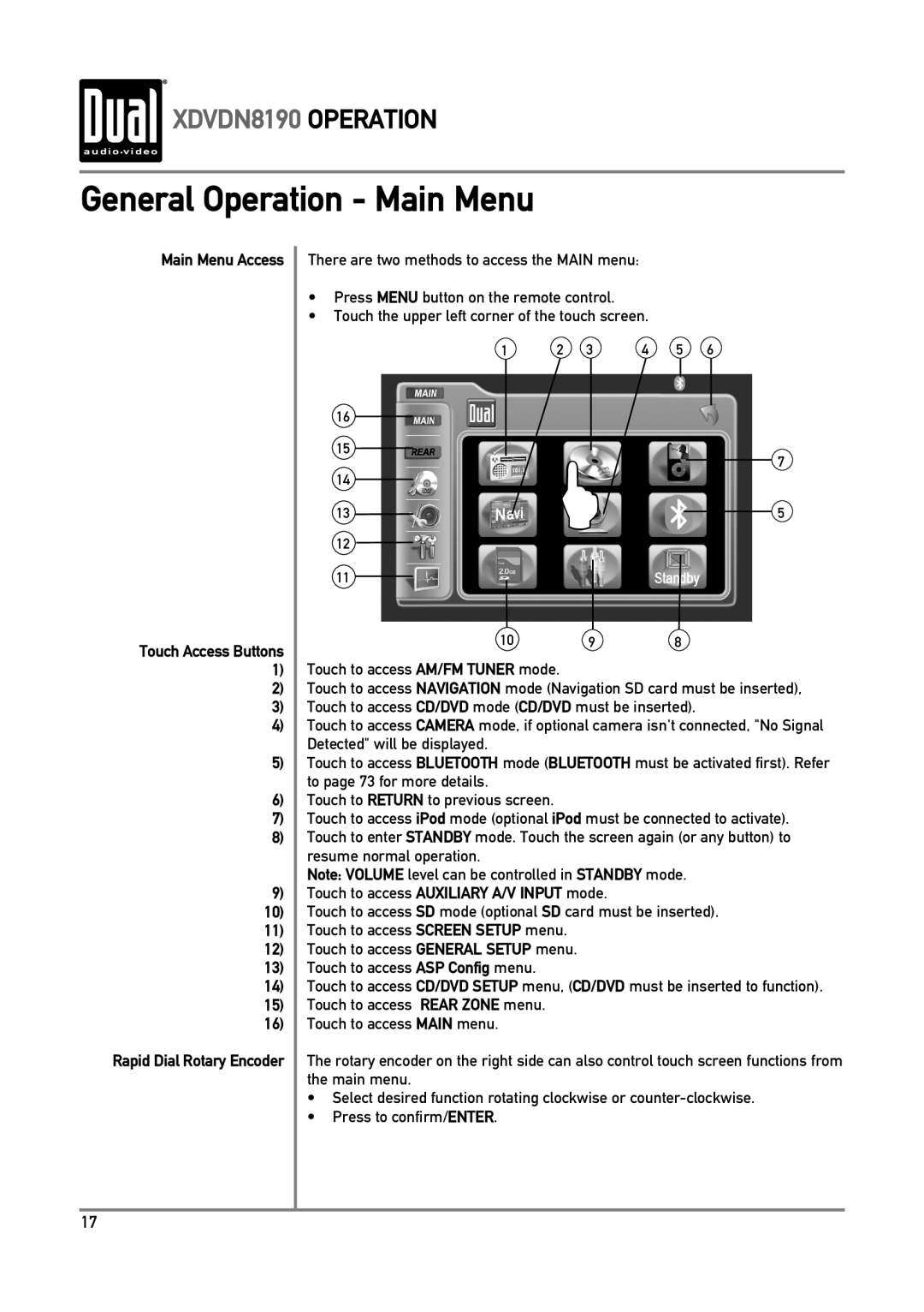 Dual owner manual General Operation - Main Menu, XDVDN8190 OPERATION, Main Menu Access, 5 6 7 8 9 10 11 12 13 14 15 16 