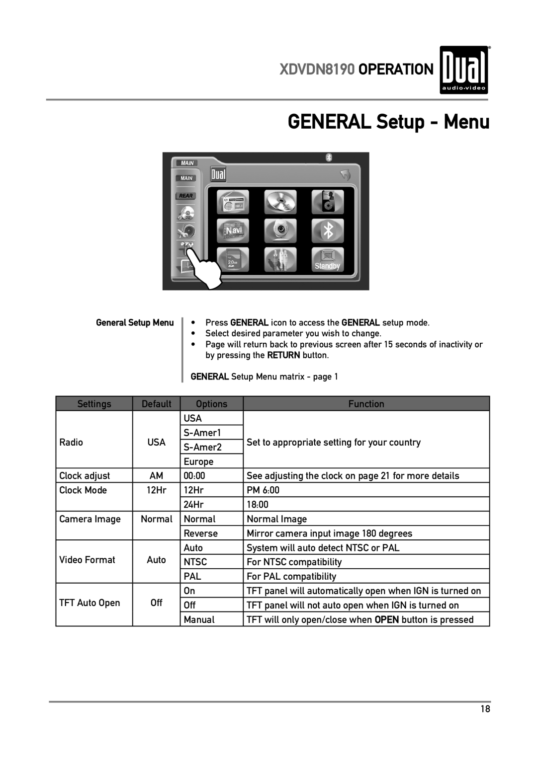 Dual owner manual GENERAL Setup - Menu, XDVDN8190 OPERATION 