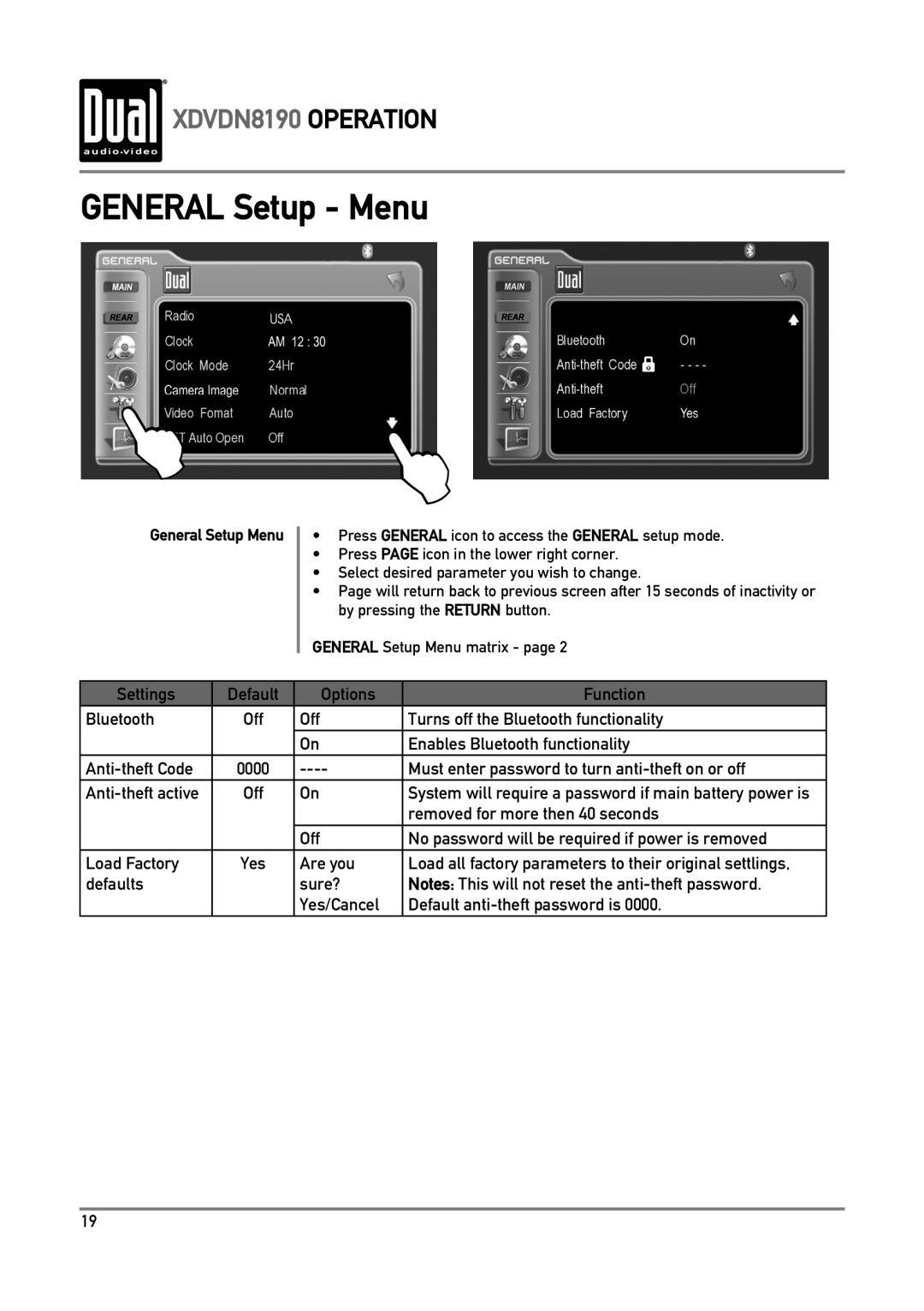 Dual owner manual GENERAL Setup - Menu, XDVDN8190 OPERATION, General Setup Menu 