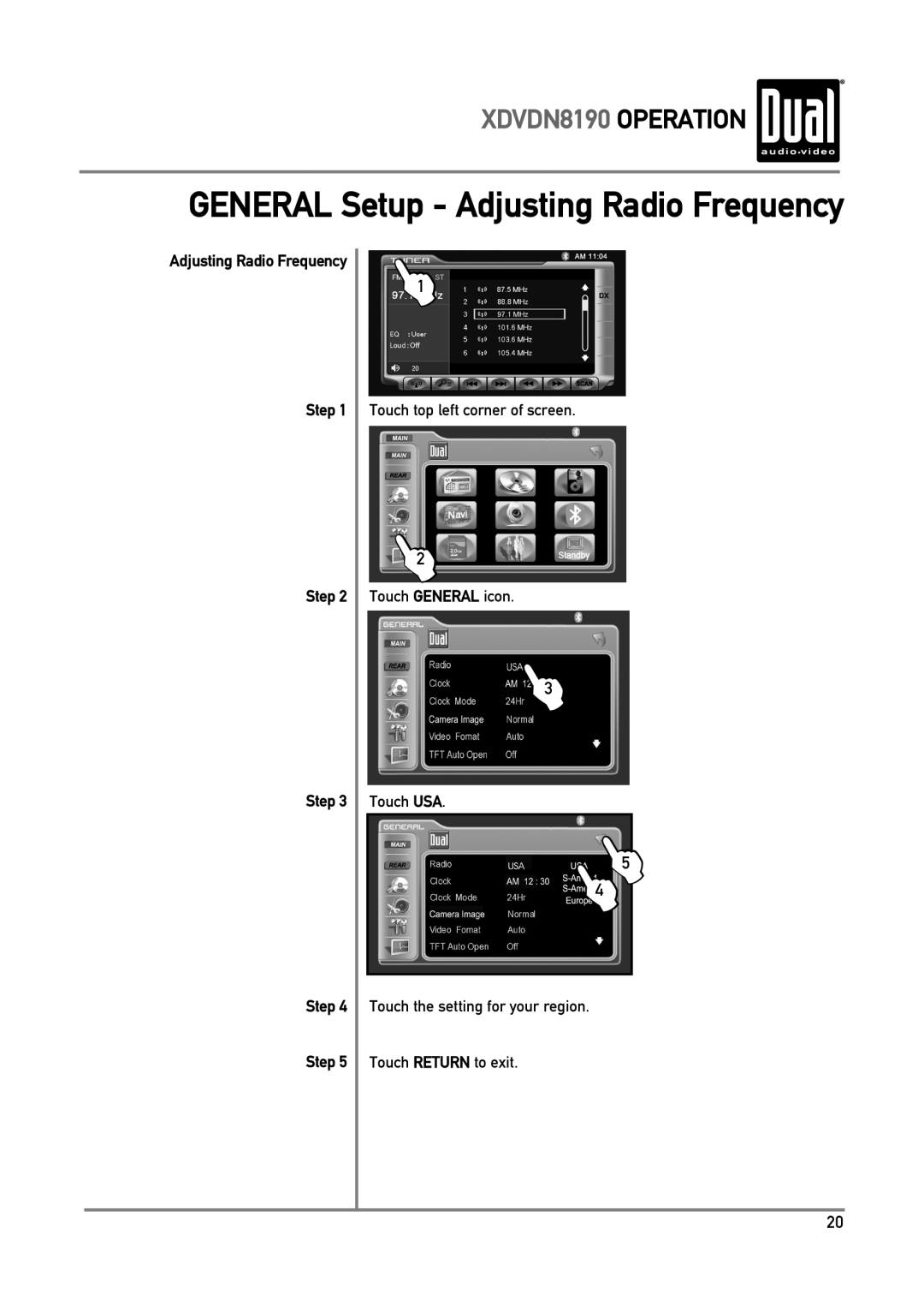 Dual owner manual L5 L4, GENERAL Setup - Adjusting Radio Frequency, XDVDN8190 OPERATION, Step Step Step 