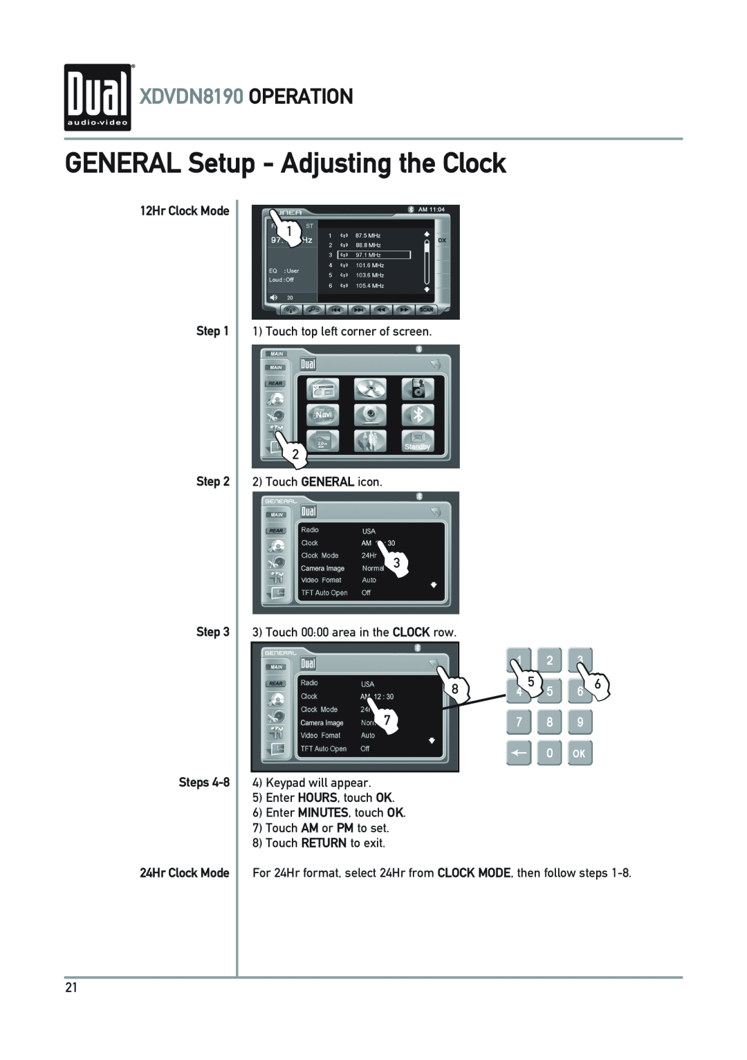 Dual owner manual L L L, GENERAL Setup - Adjusting the Clock, XDVDN8190 OPERATION, 12Hr Clock Mode Step Step Step Steps 