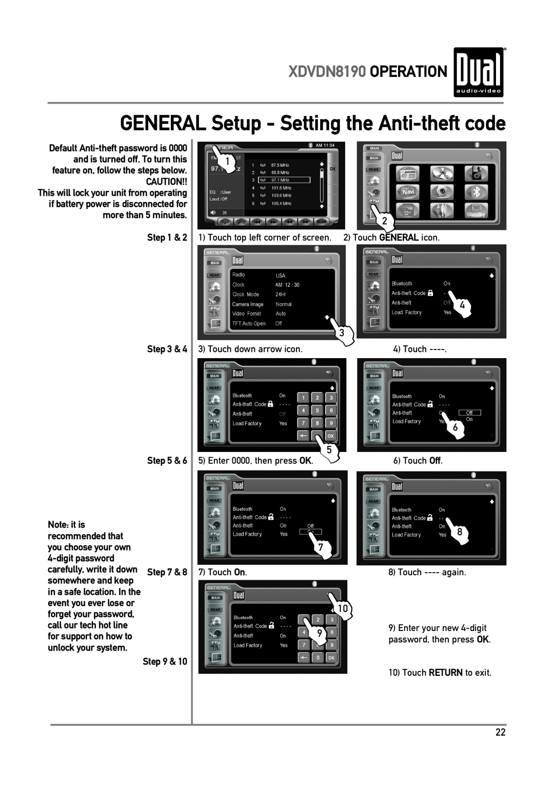 Dual owner manual GENERAL Setup - Setting the Anti-theftcode, XDVDN8190 OPERATION 