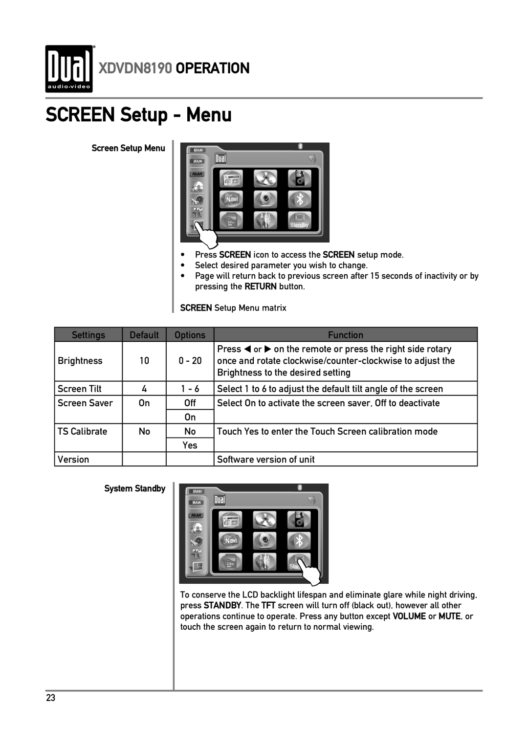 Dual owner manual SCREEN Setup - Menu, XDVDN8190 OPERATION, Screen Setup Menu, System Standby 
