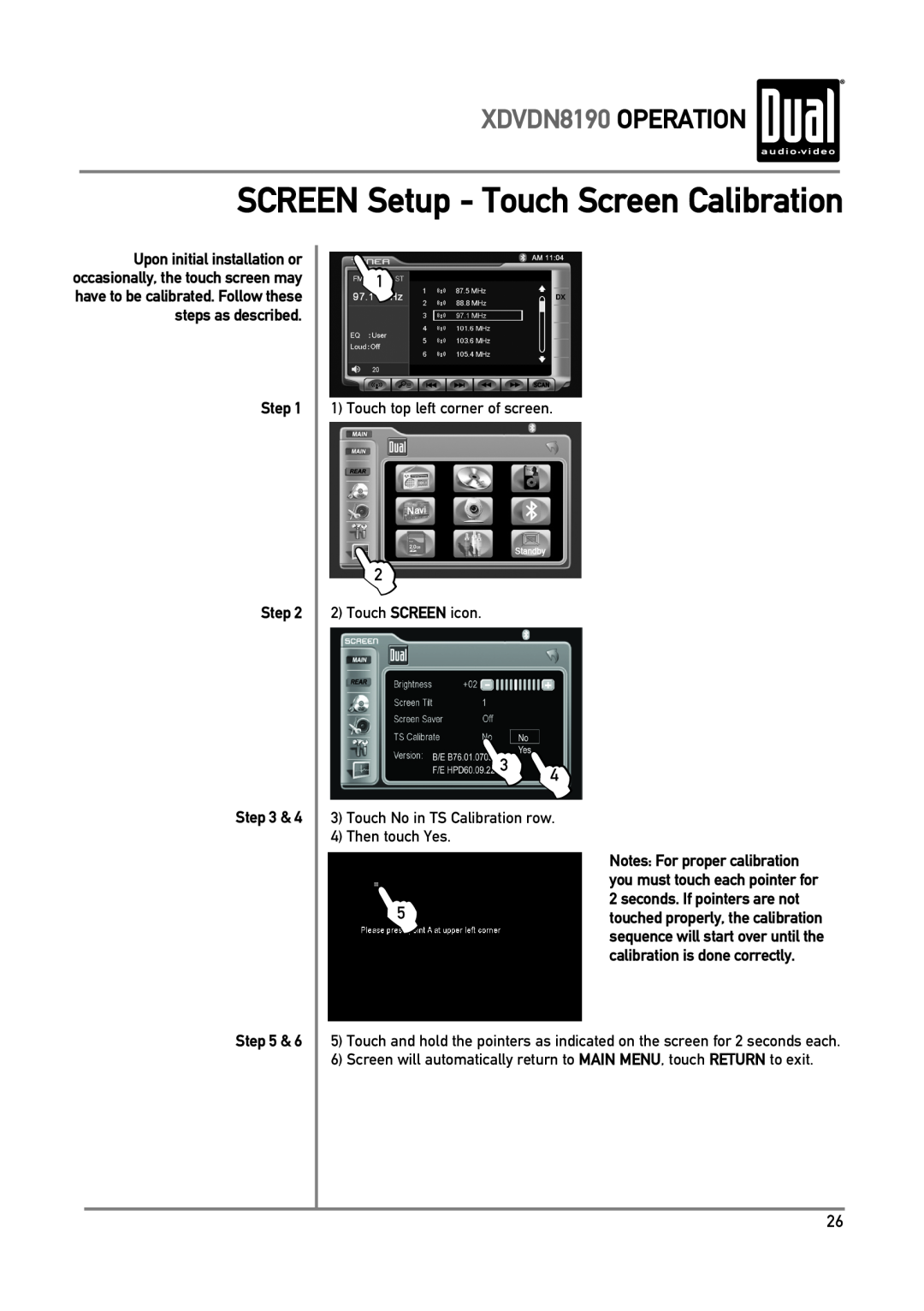Dual owner manual SCREEN Setup - Touch Screen Calibration, XDVDN8190 OPERATION, Step 