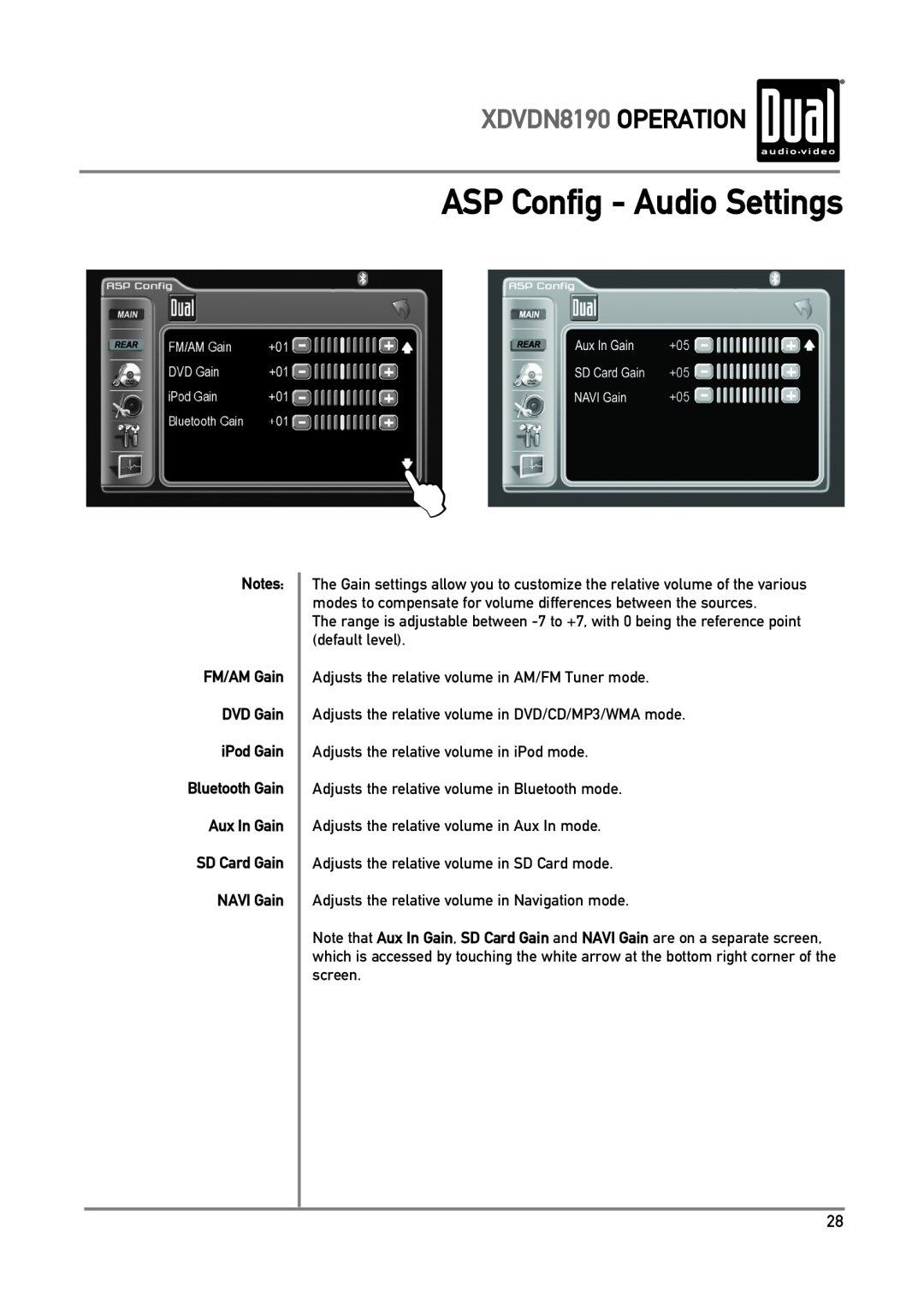 Dual owner manual ASP Config - Audio Settings, XDVDN8190 OPERATION, Notes FM/AM Gain DVD Gain iPod Gain 