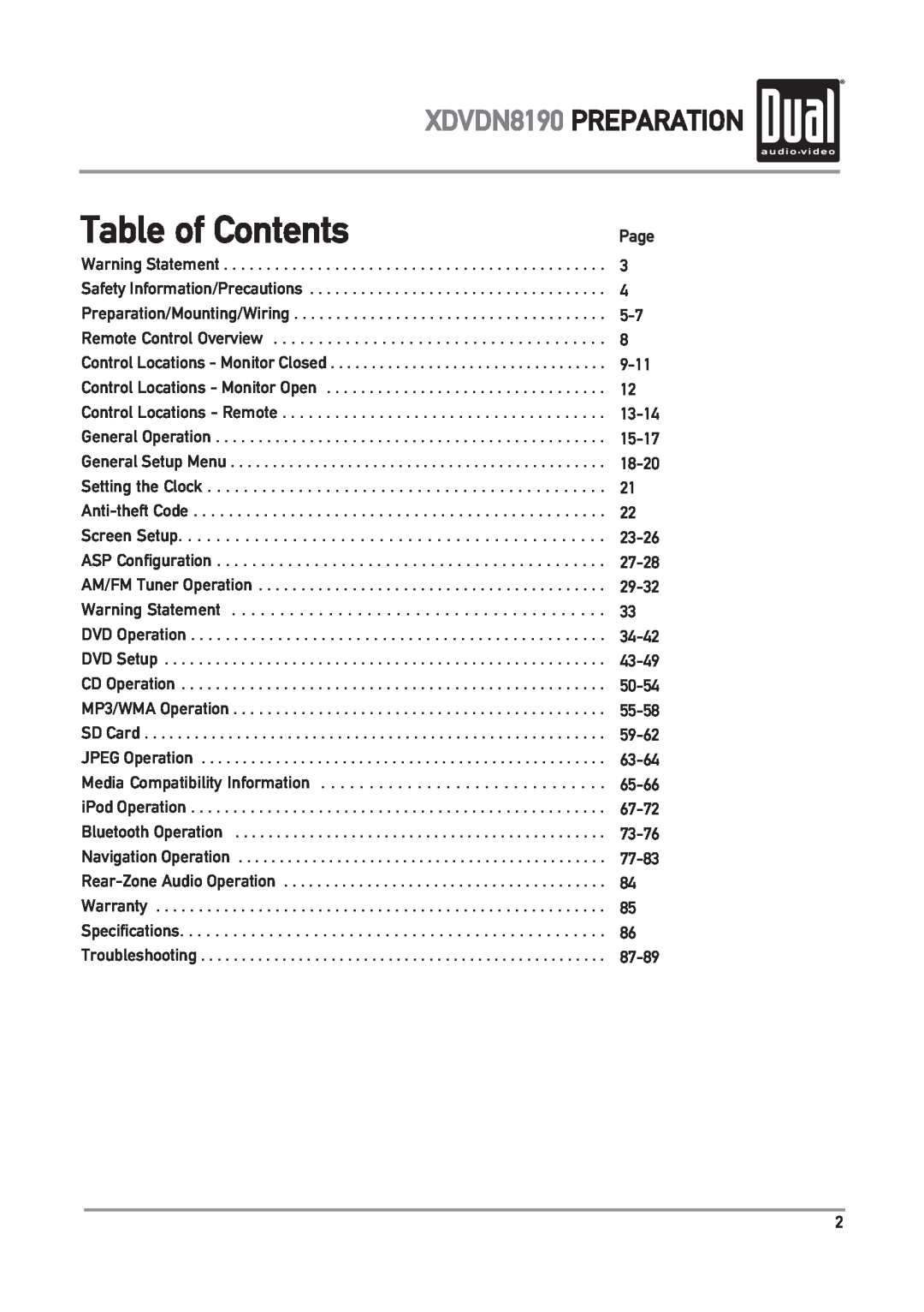 Dual owner manual Table of Contents, XDVDN8190 PREPARATION, Page 