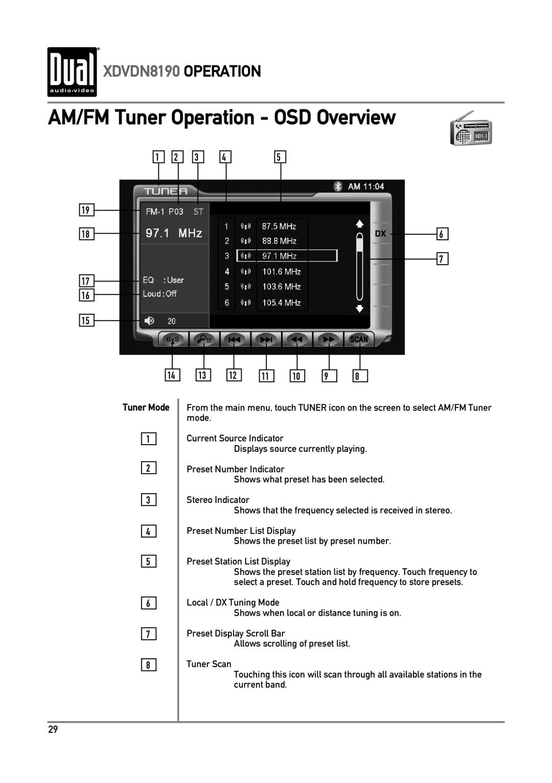 Dual owner manual AM/FM Tuner Operation - OSD Overview, XDVDN8190 OPERATION, Tuner Mode 