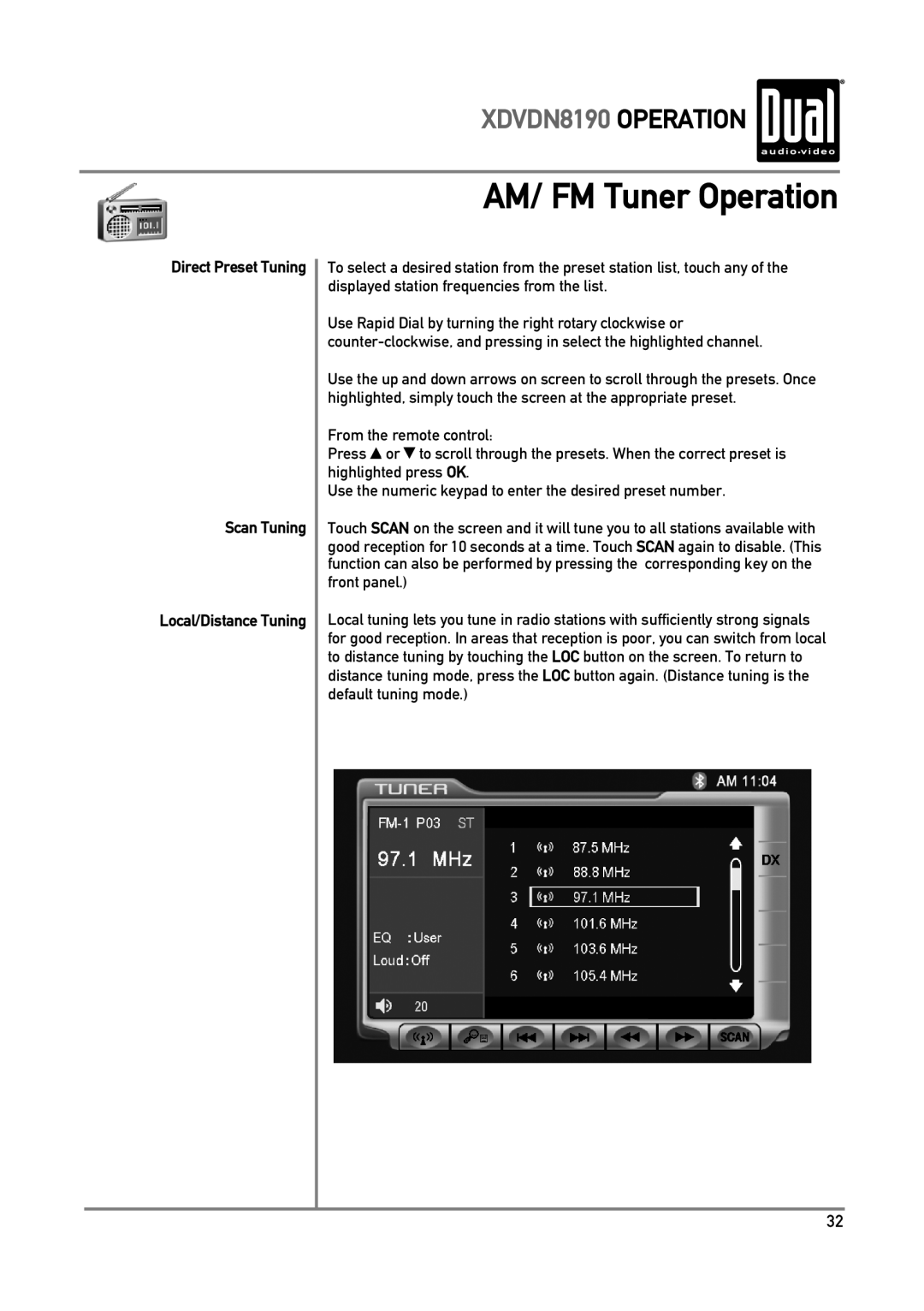 Dual owner manual AM/ FM Tuner Operation, XDVDN8190 OPERATION, Scan Tuning 