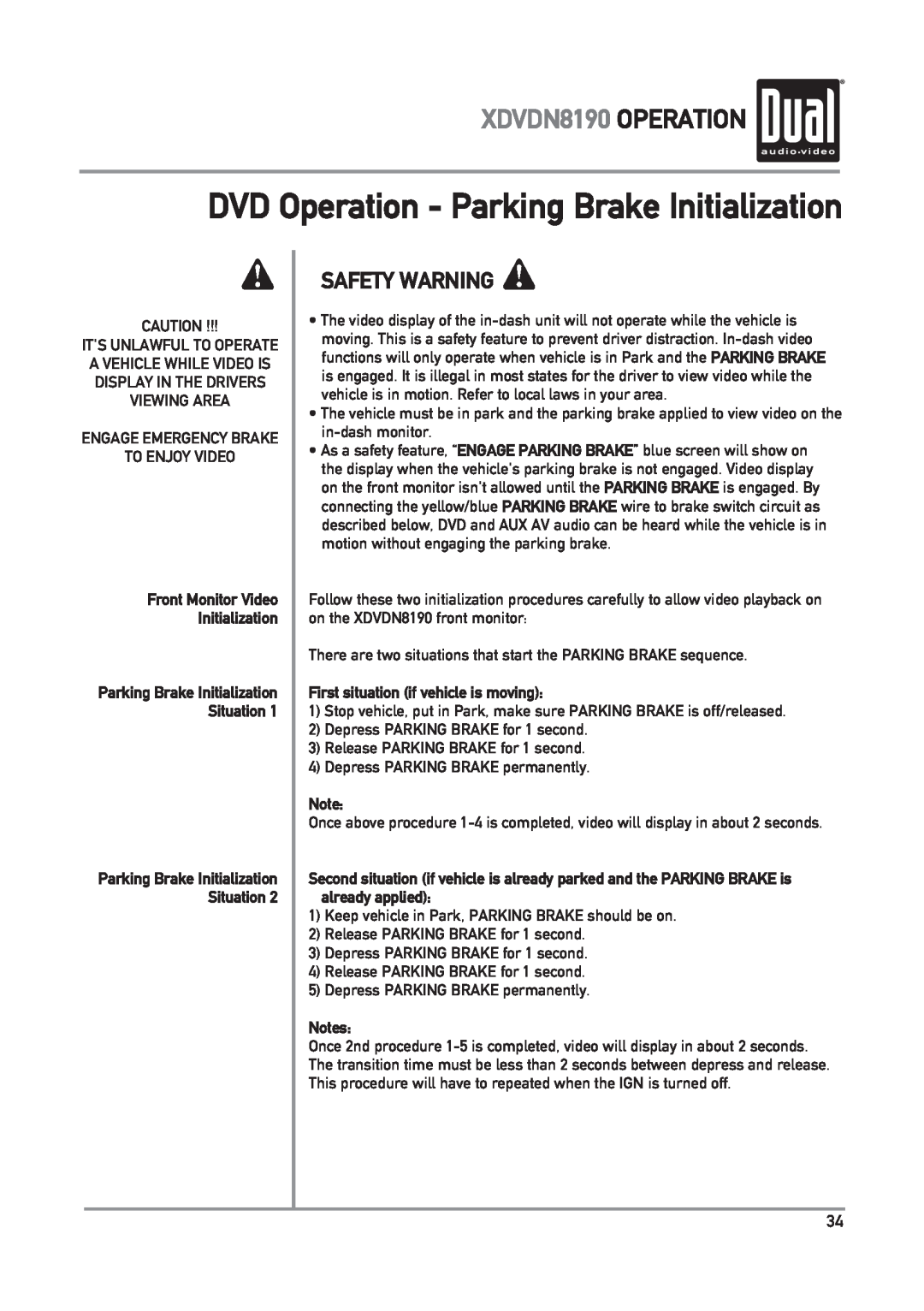 Dual owner manual DVD Operation - Parking Brake Initialization, XDVDN8190 OPERATION, Safety Warning, Notes 