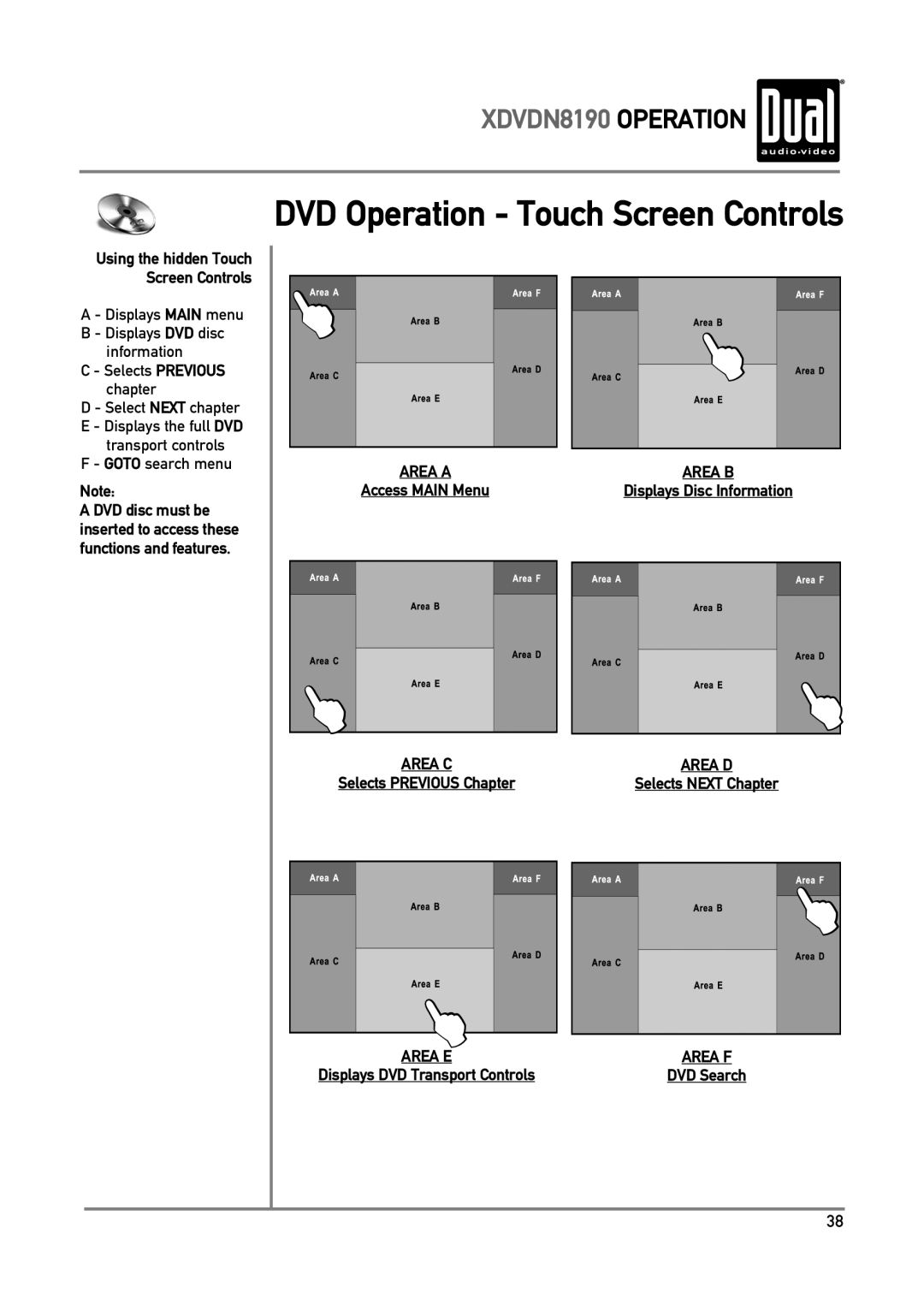 Dual DVD Operation - Touch Screen Controls, XDVDN8190 OPERATION, AREA A Access MAIN Menu, AREA F DVD Search, Area C 