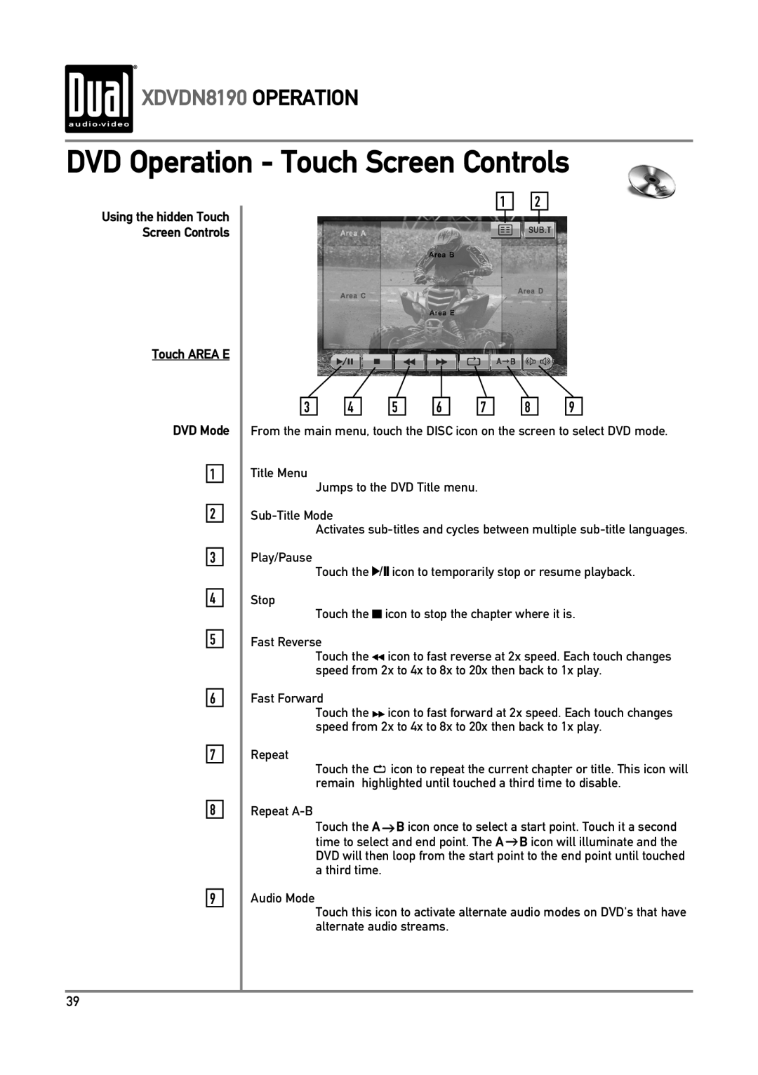 Dual owner manual DVD Operation - Touch Screen Controls, XDVDN8190 OPERATION, Touch AREA E DVD Mode 