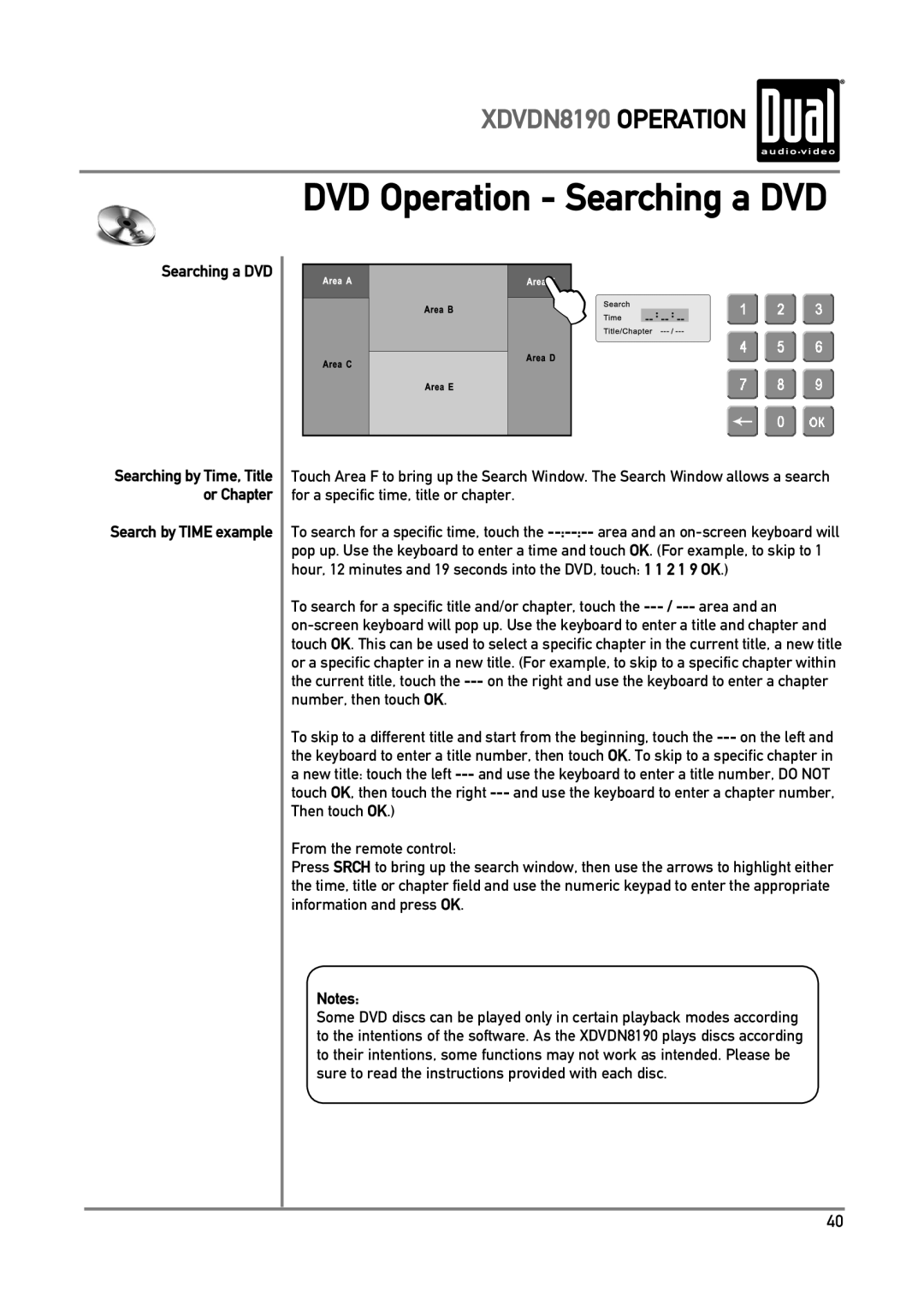 Dual owner manual DVD Operation - Searching a DVD, XDVDN8190 OPERATION, Notes, Search by TIME example 
