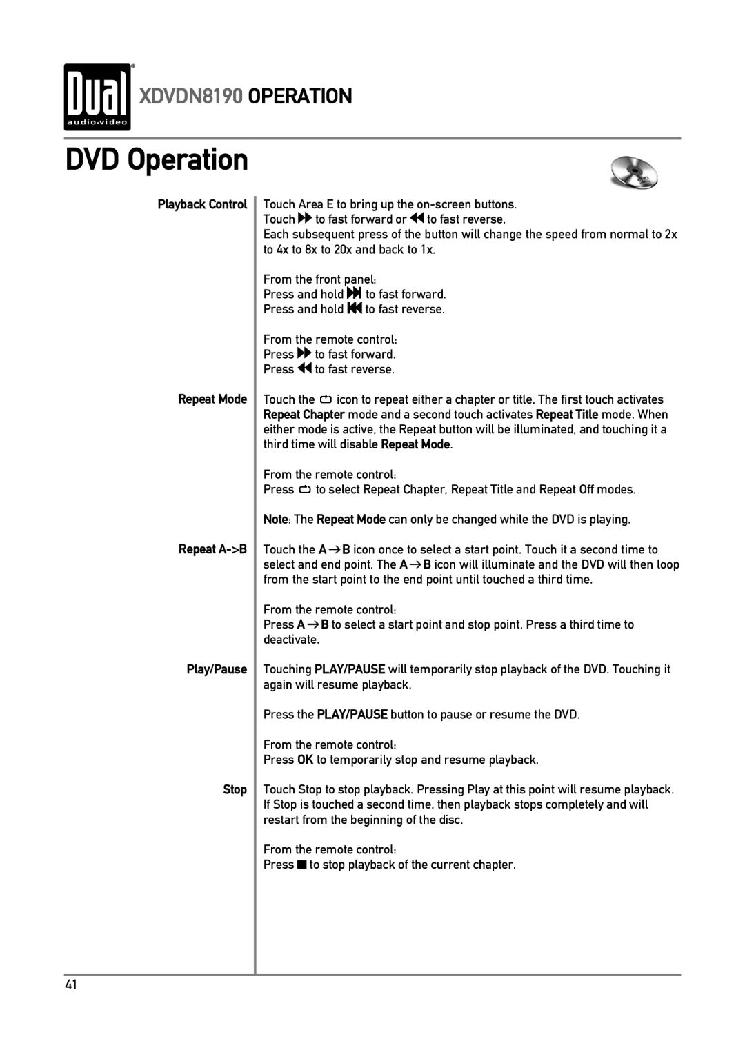 Dual owner manual DVD Operation, XDVDN8190 OPERATION, Playback Control Repeat Mode Repeat A->B, Play/Pause Stop 