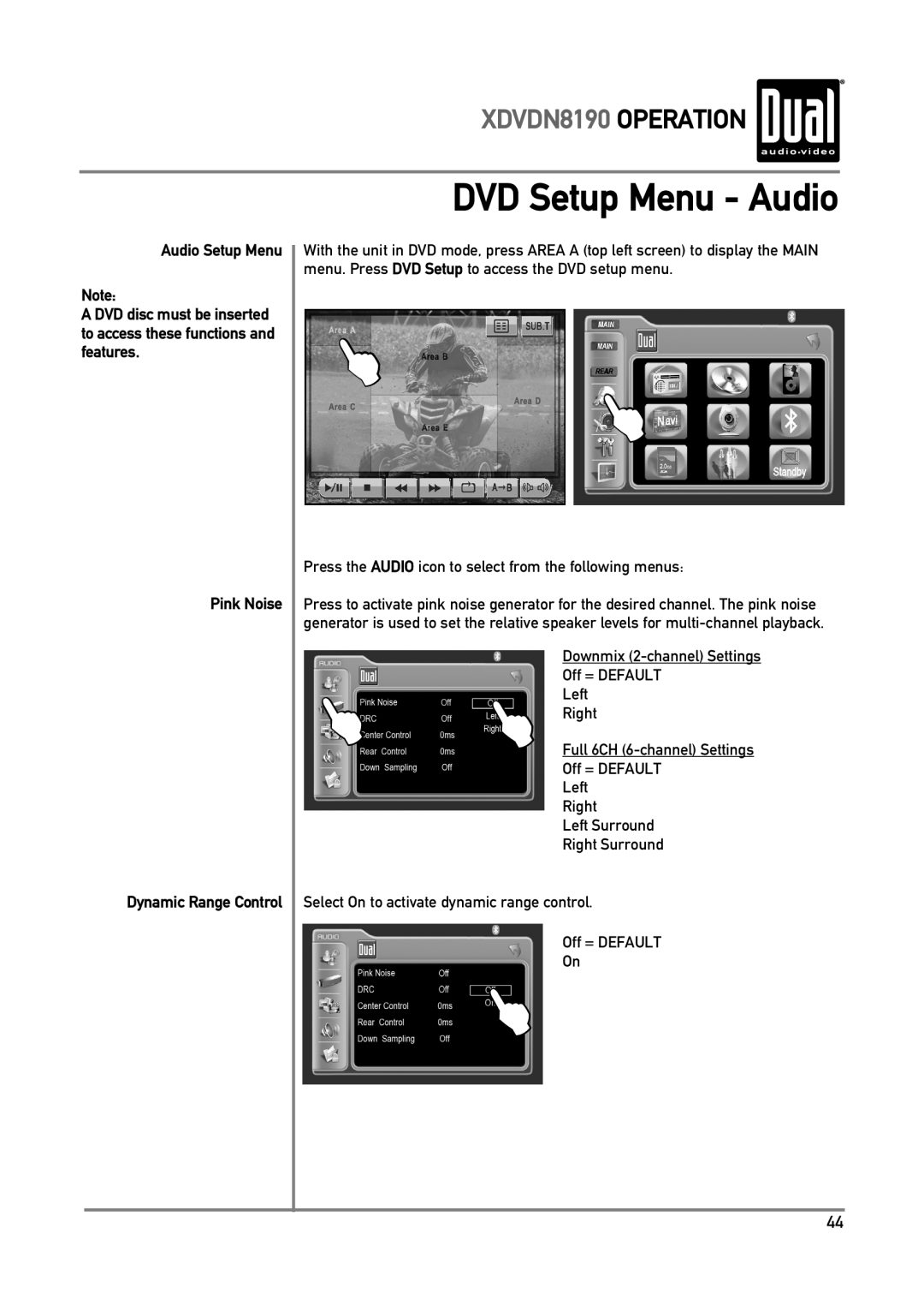 Dual owner manual DVD Setup Menu - Audio, XDVDN8190 OPERATION, Audio Setup Menu, Pink Noise Dynamic Range Control 