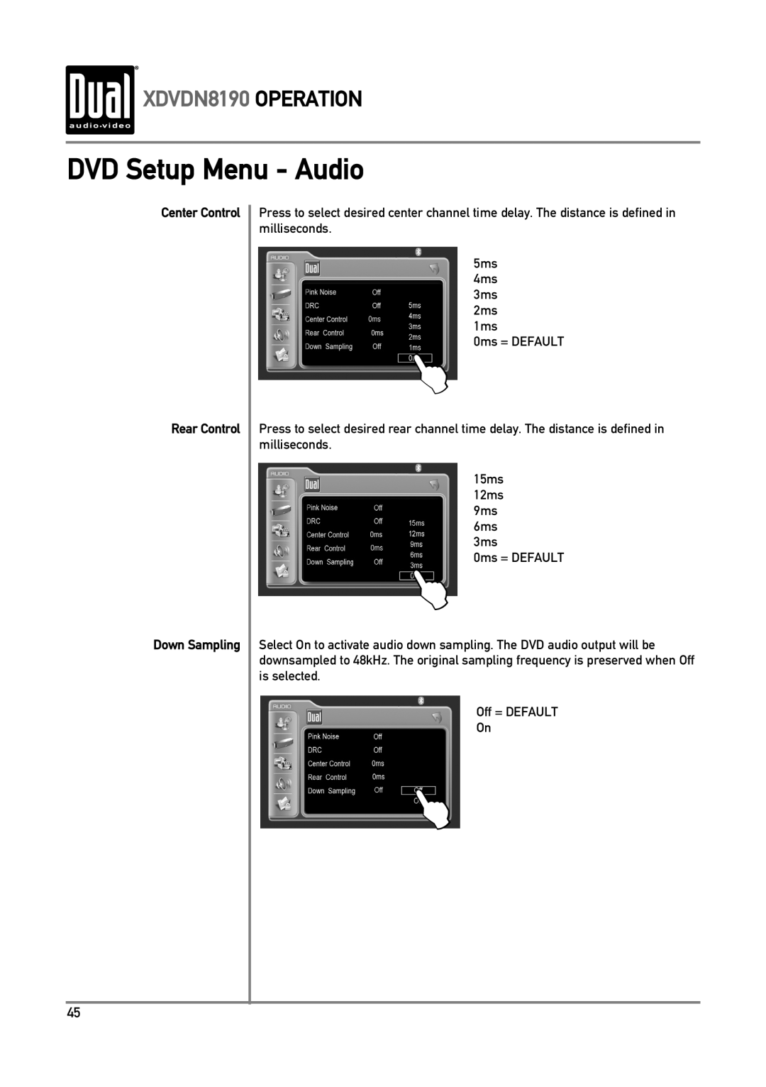 Dual owner manual DVD Setup Menu - Audio, XDVDN8190 OPERATION, Center Control Rear Control Down Sampling 