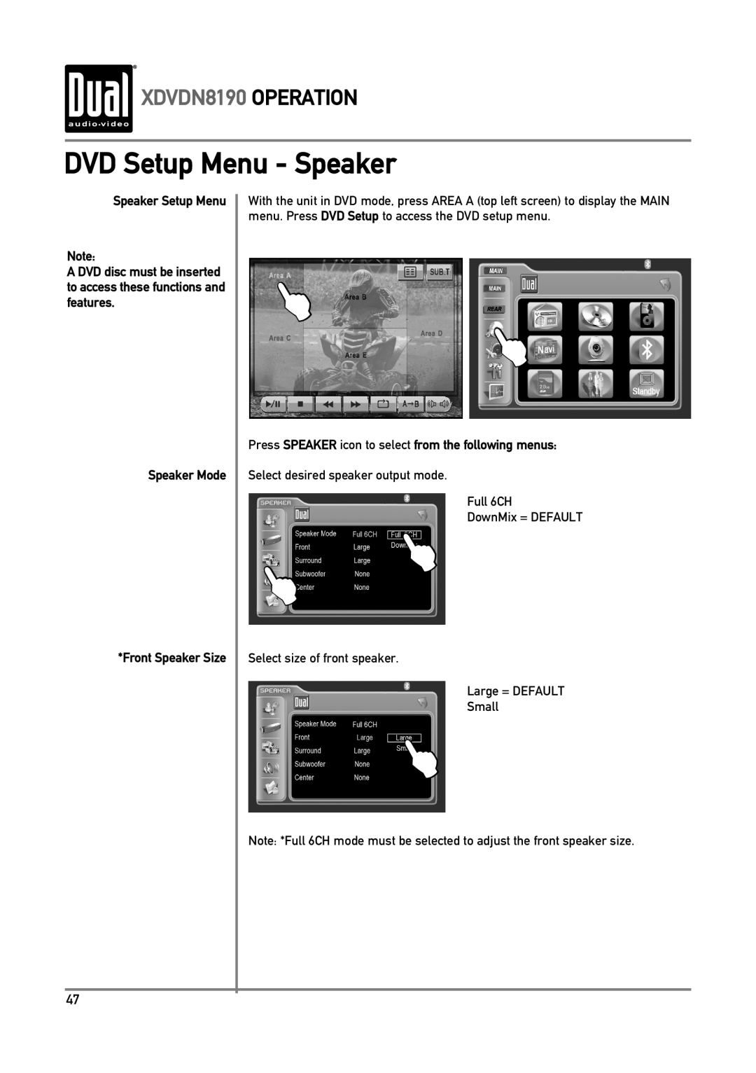 Dual owner manual DVD Setup Menu - Speaker, XDVDN8190 OPERATION, Speaker Setup Menu, Speaker Mode Front Speaker Size 