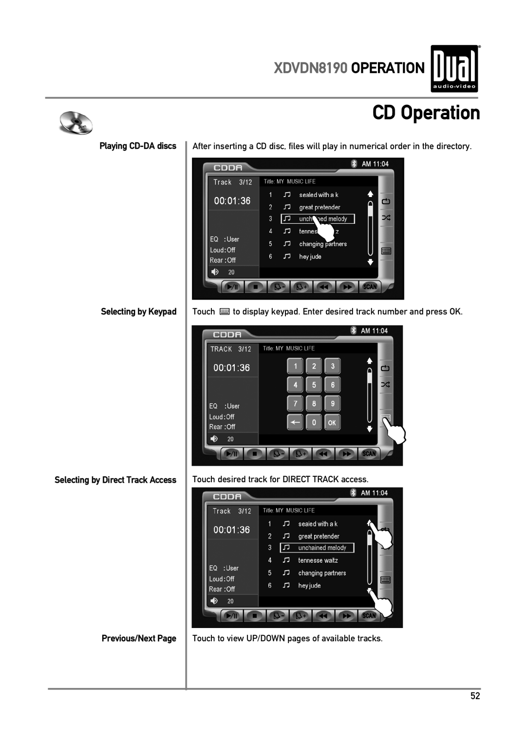 Dual owner manual CD Operation, XDVDN8190 OPERATION, Playing CD-DAdiscs Selecting by Keypad, Previous/Next Page 