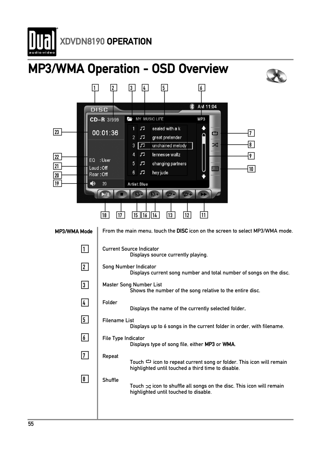 Dual owner manual MP3/WMA Operation - OSD Overview, XDVDN8190 OPERATION, MP3/WMA Mode 