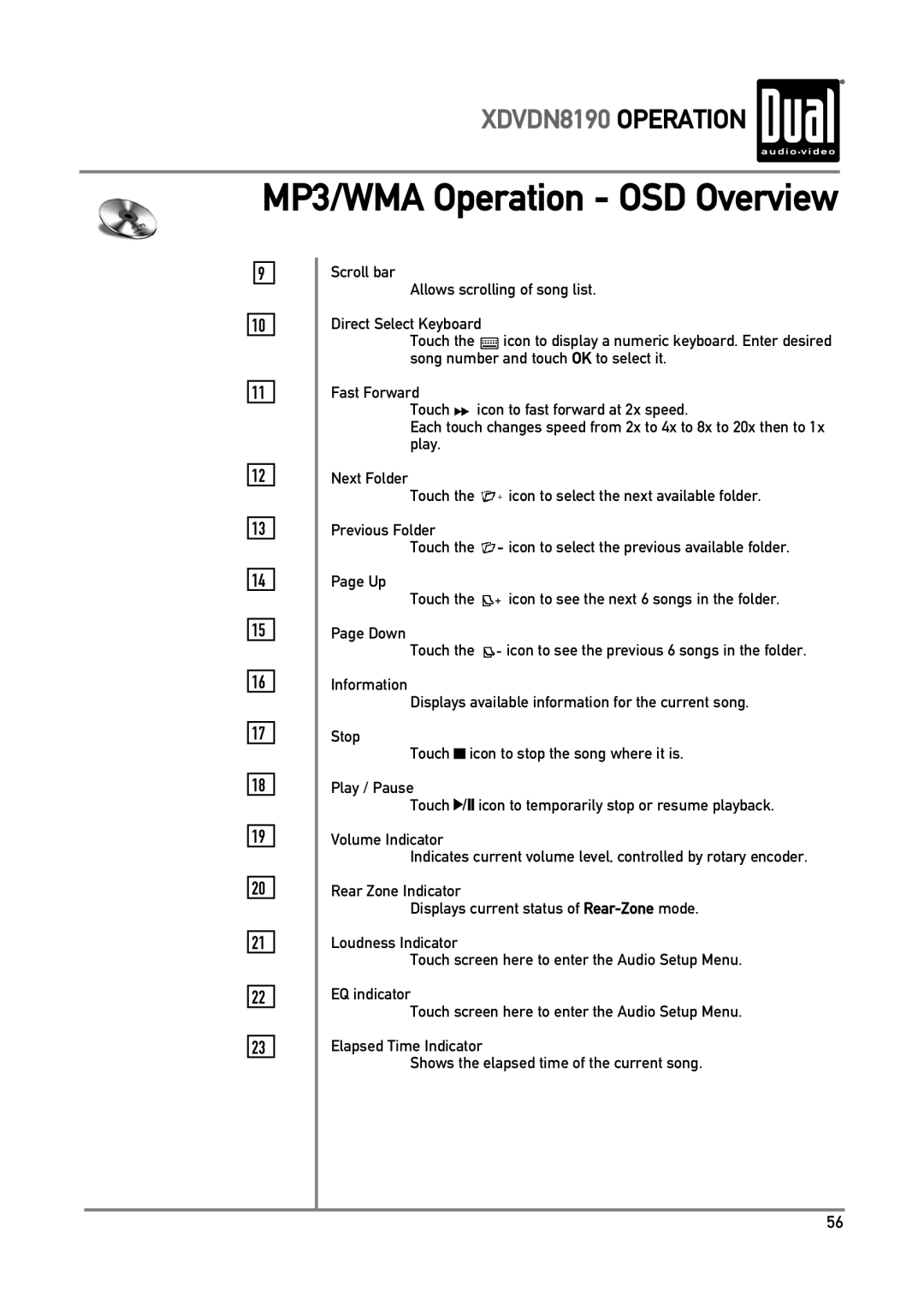 Dual owner manual MP3/WMA Operation - OSD Overview, XDVDN8190 OPERATION, Scroll bar Allows scrolling of song list 
