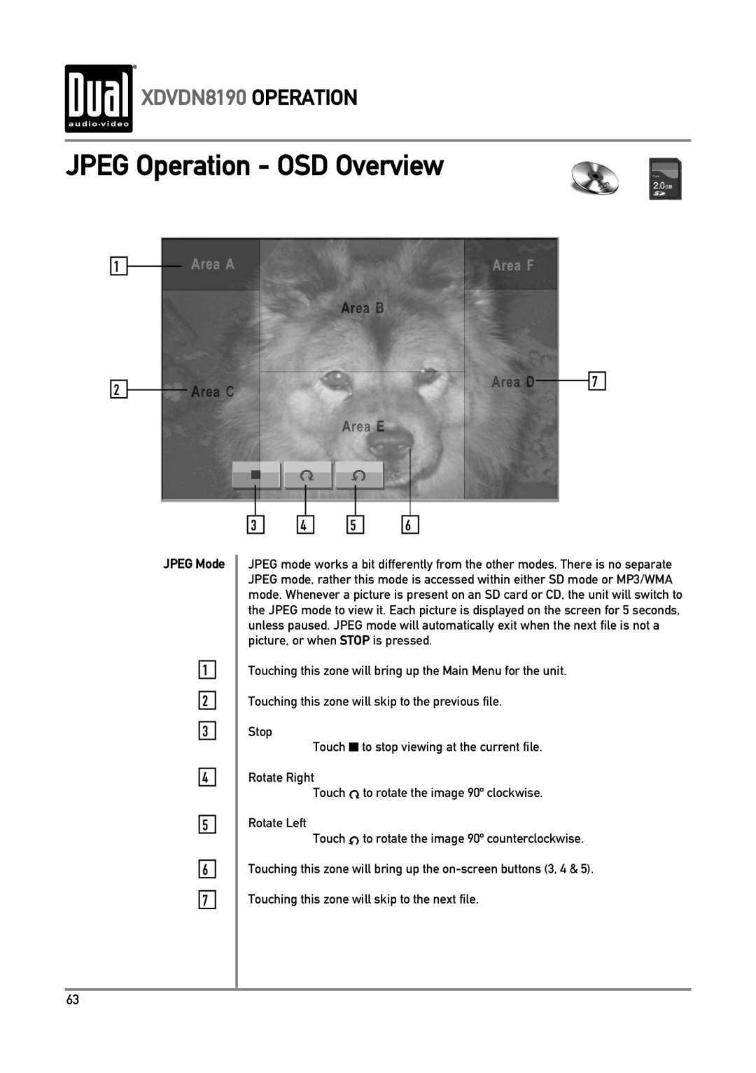 Dual owner manual JPEG Operation - OSD Overview, XDVDN8190 OPERATION, JPEG Mode 