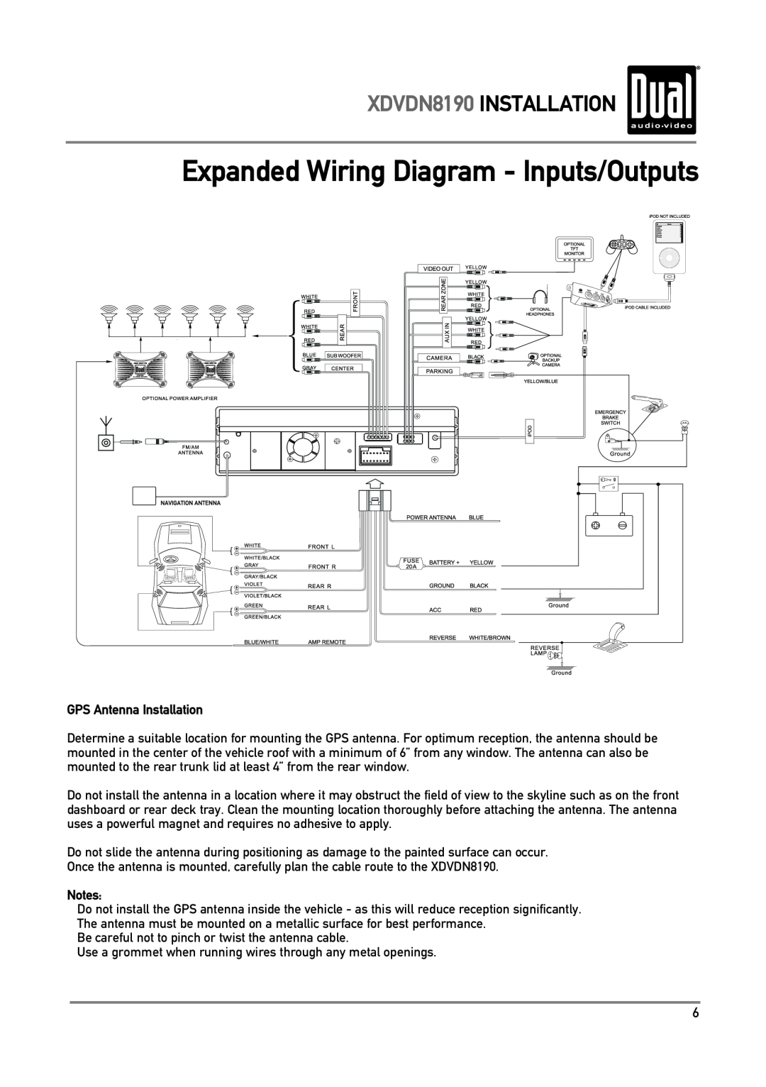 Dual owner manual Expanded Wiring Diagram - Inputs/Outputs, XDVDN8190 INSTALLATION, GPS Antenna Installation, Notes 