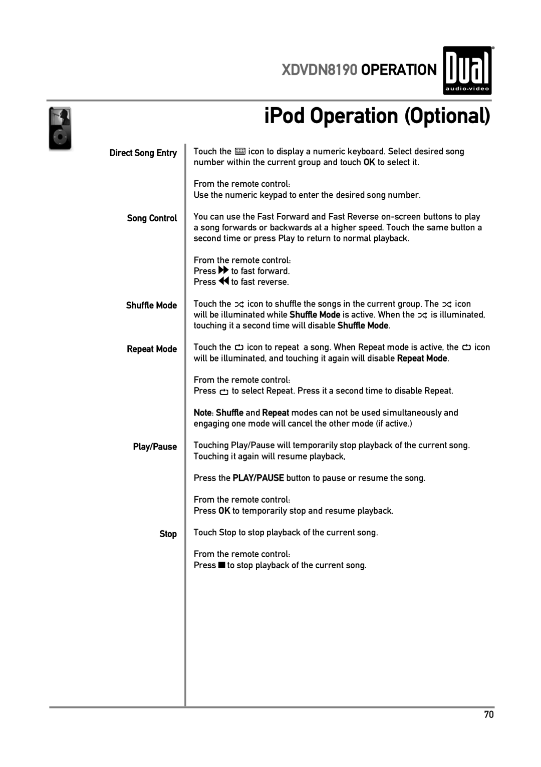 Dual owner manual iPod Operation Optional, XDVDN8190 OPERATION, Direct Song Entry Song Control Shuffle Mode 