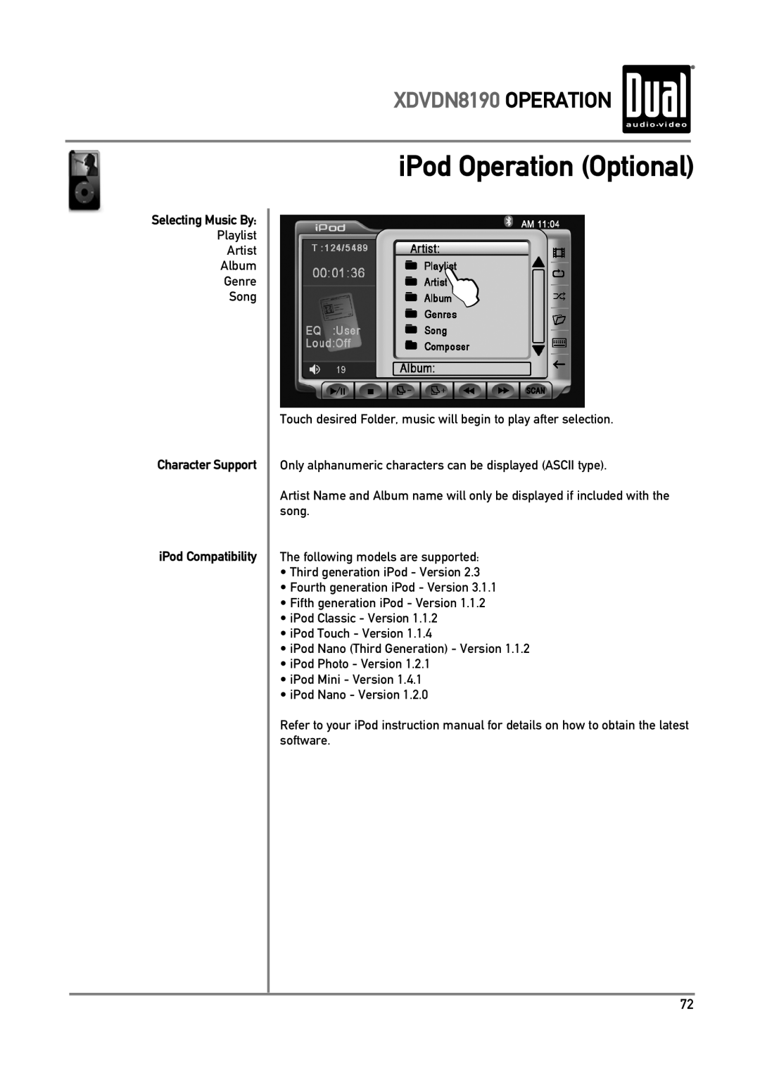 Dual owner manual iPod Operation Optional, XDVDN8190 OPERATION, Character Support iPod Compatibility 