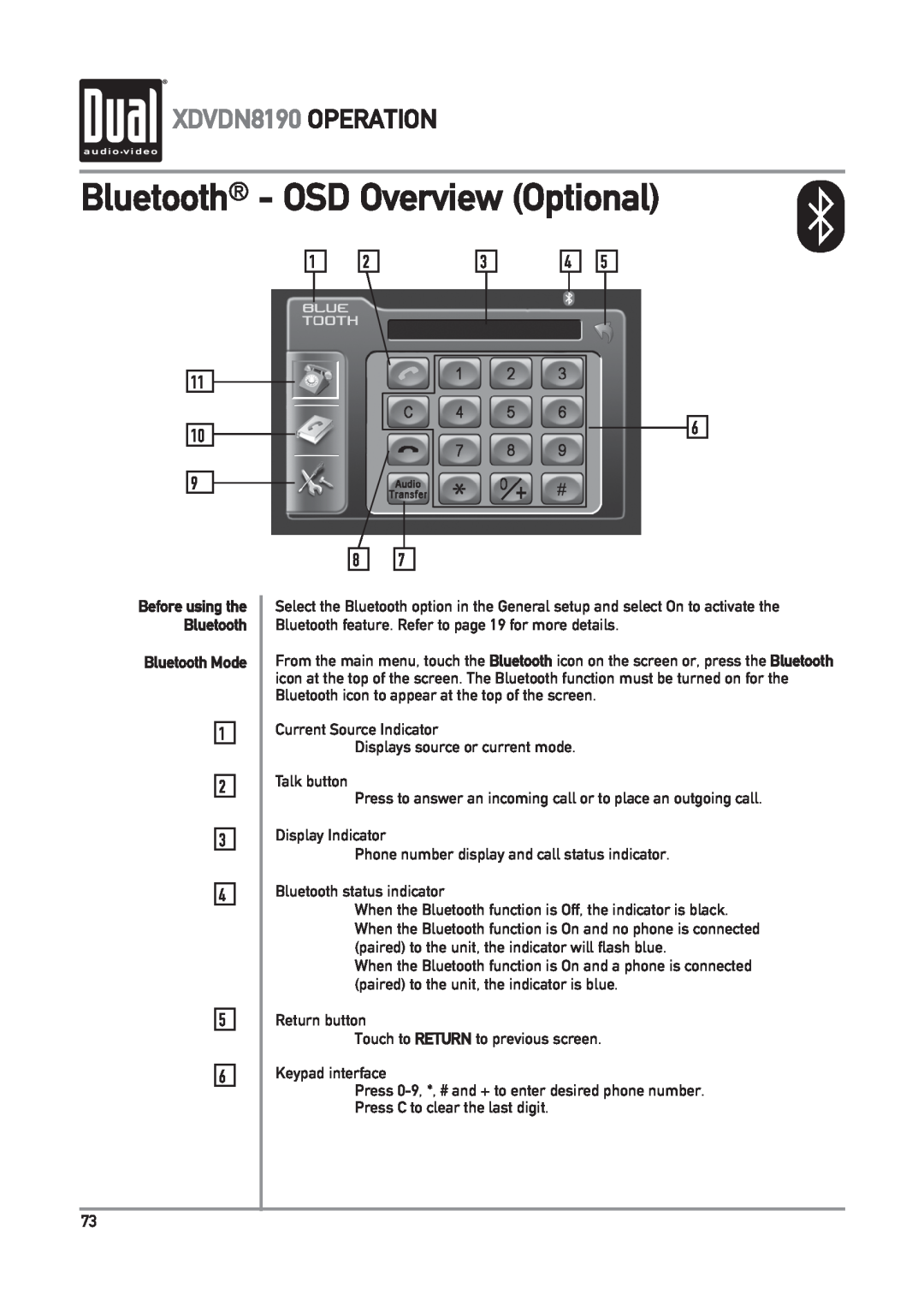 Dual owner manual Bluetooth - OSD Overview Optional, XDVDN8190 OPERATION, Bluetooth Mode 