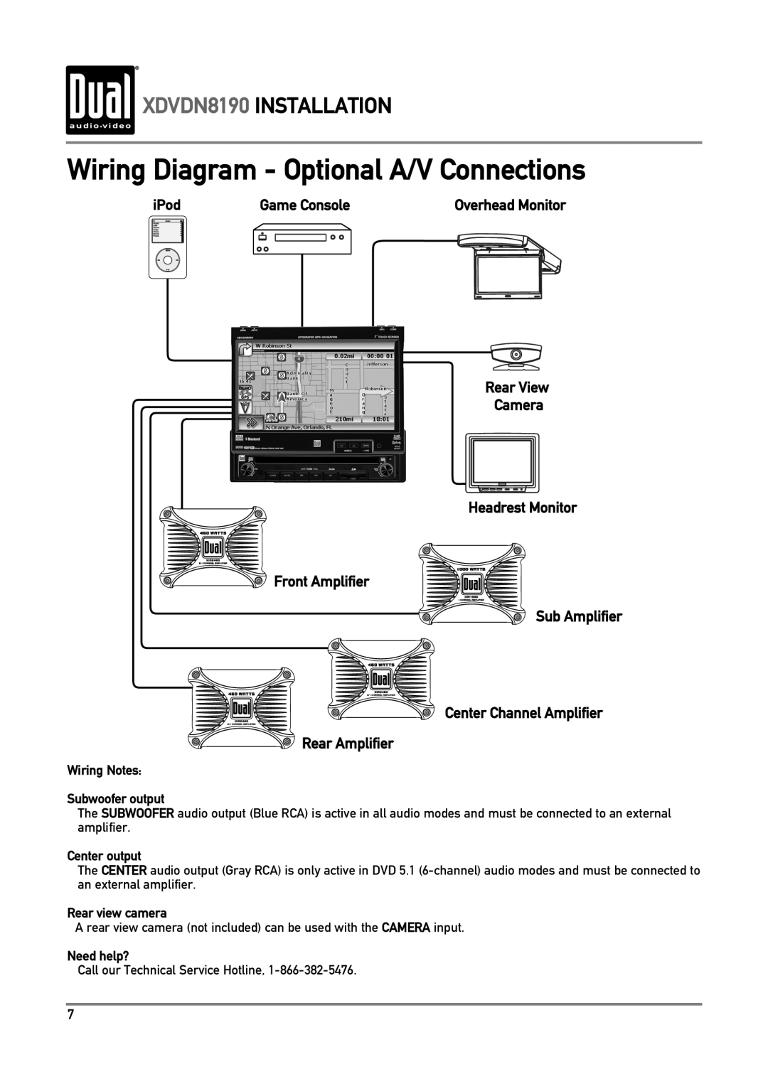 Dual Wiring Diagram - Optional A/V Connections, XDVDN8190 INSTALLATION, Wiring Notes Subwoofer output, Center output 