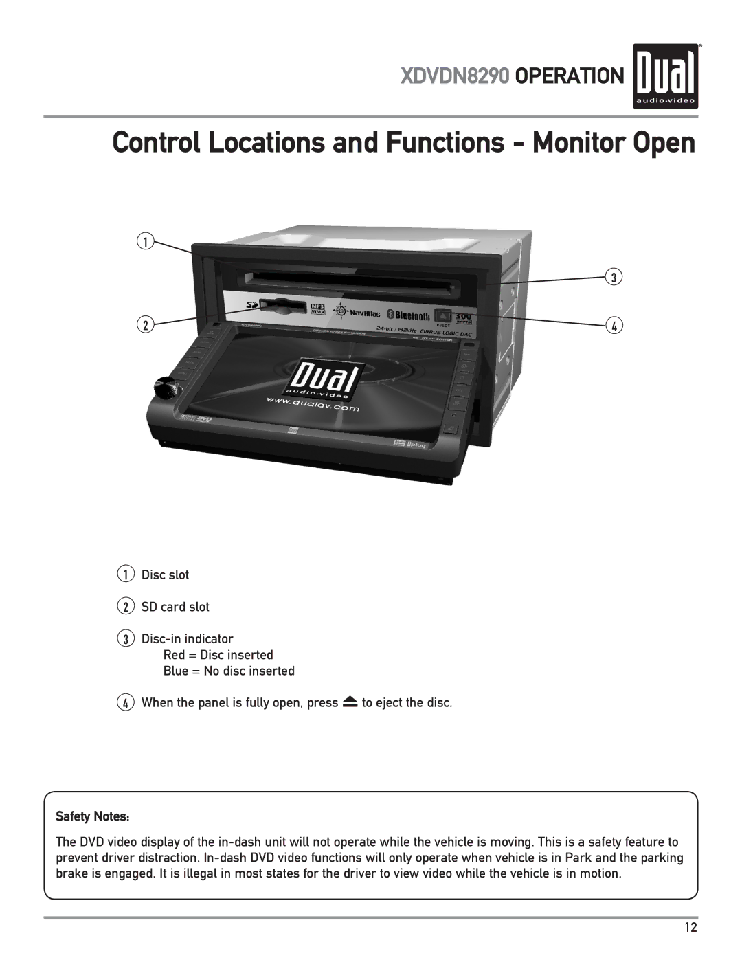 Dual XDVDN8290 owner manual Control Locations and Functions Monitor Open 