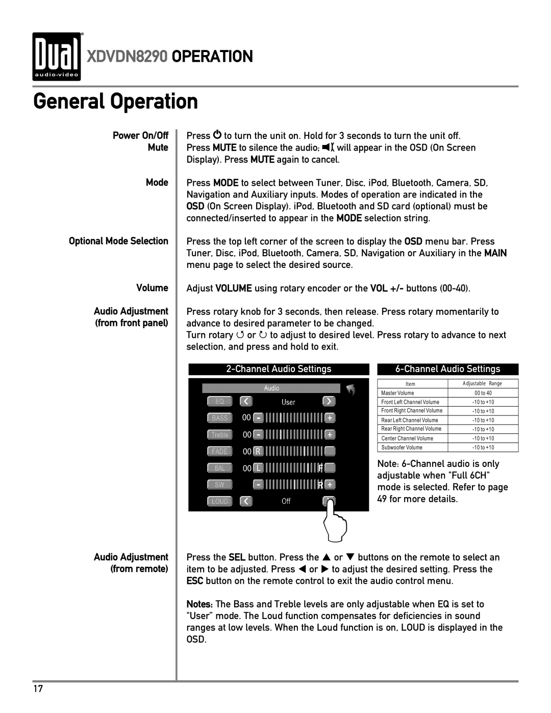 Dual XDVDN8290 owner manual General Operation, Power On/Off Mute Mode 