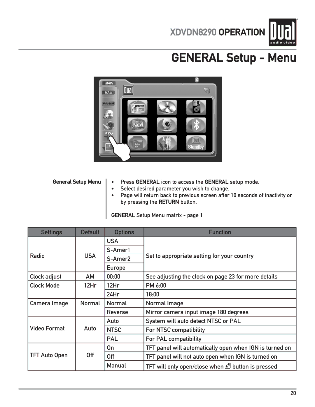 Dual XDVDN8290 owner manual General Setup Menu 