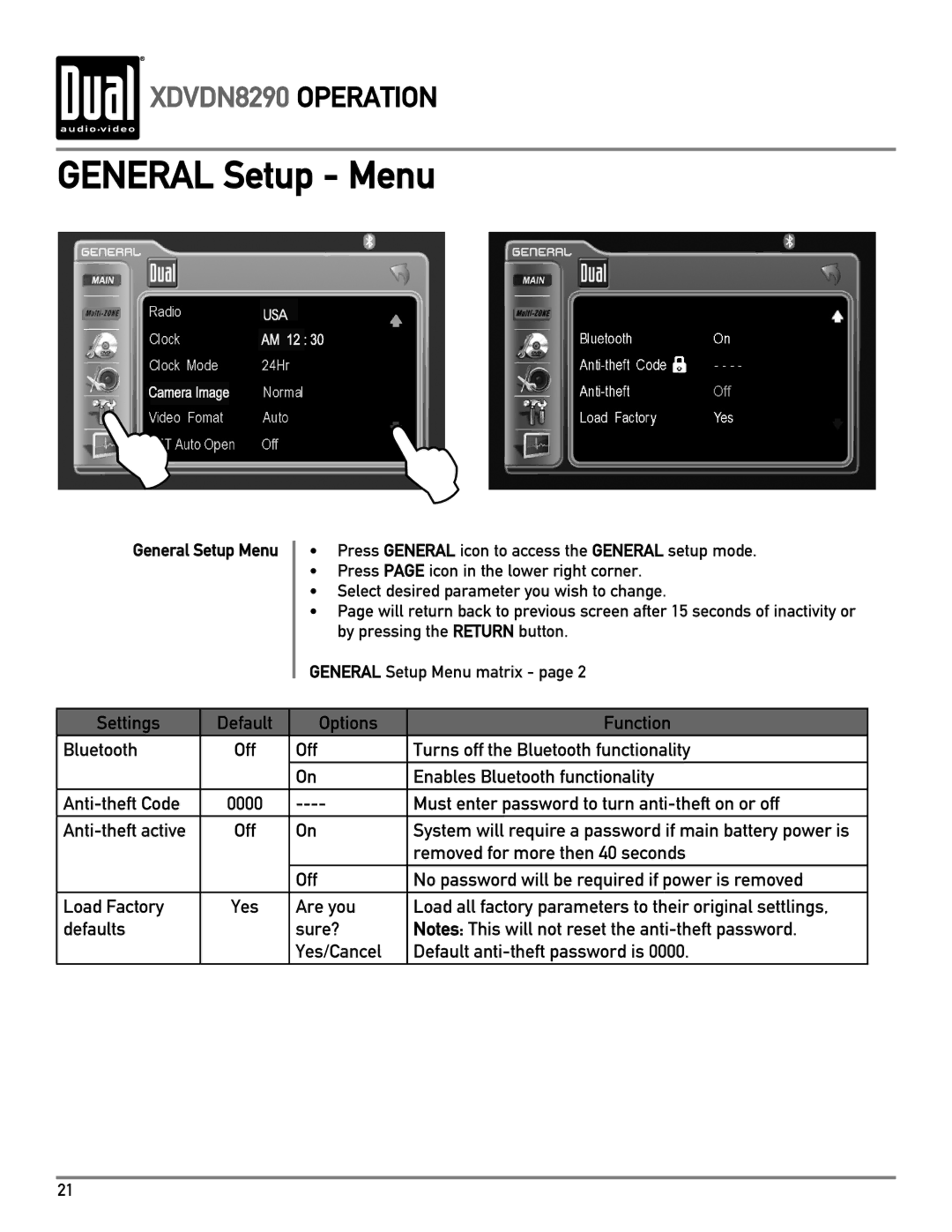 Dual XDVDN8290 owner manual Settings Default Options Function Bluetooth 