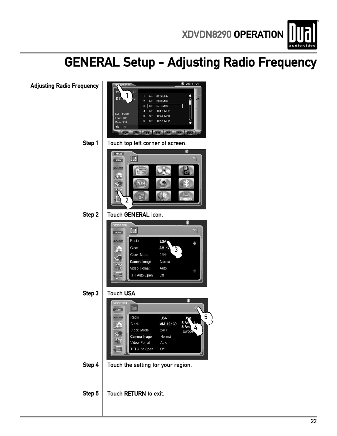 Dual XDVDN8290 owner manual General Setup Adjusting Radio Frequency, Step 