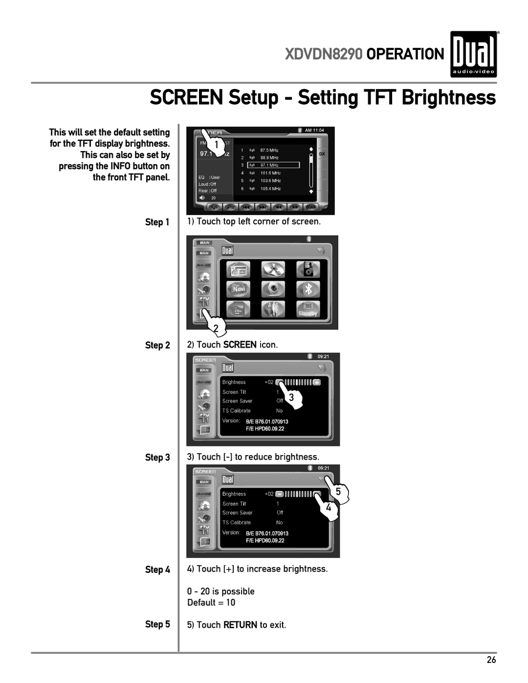 Dual XDVDN8290 owner manual Screen Setup Setting TFT Brightness 