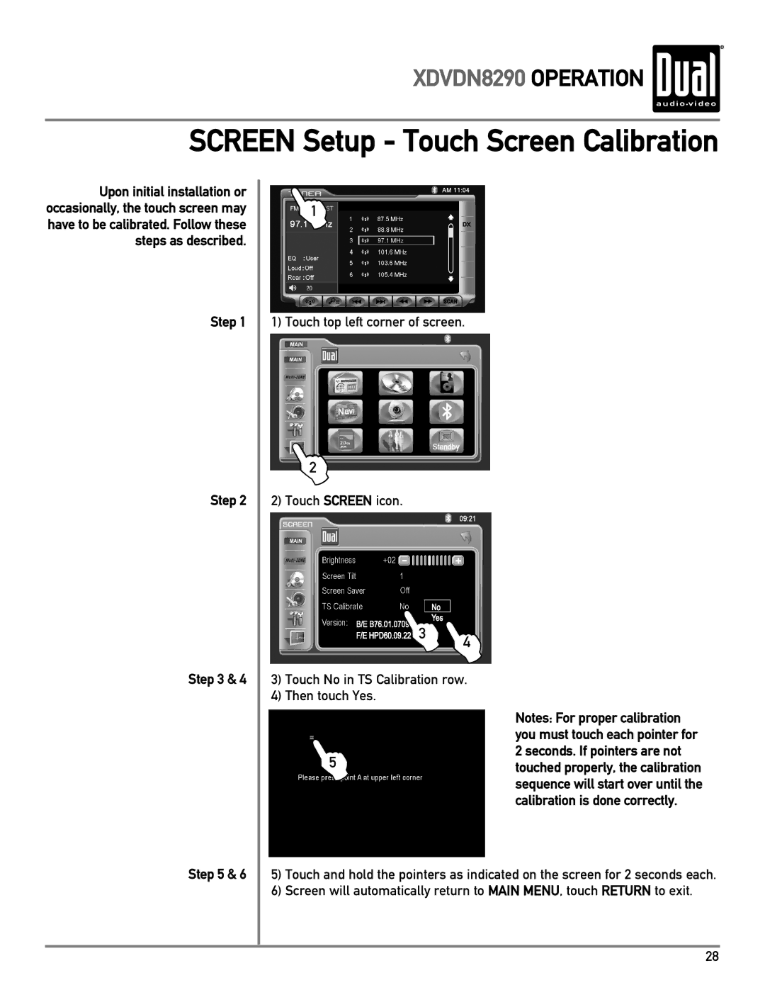 Dual XDVDN8290 owner manual Screen Setup Touch Screen Calibration 