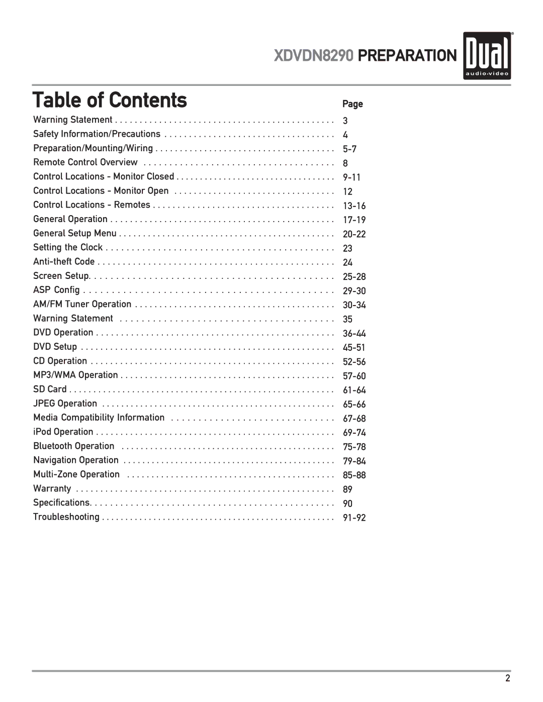 Dual XDVDN8290 owner manual Table of Contents 